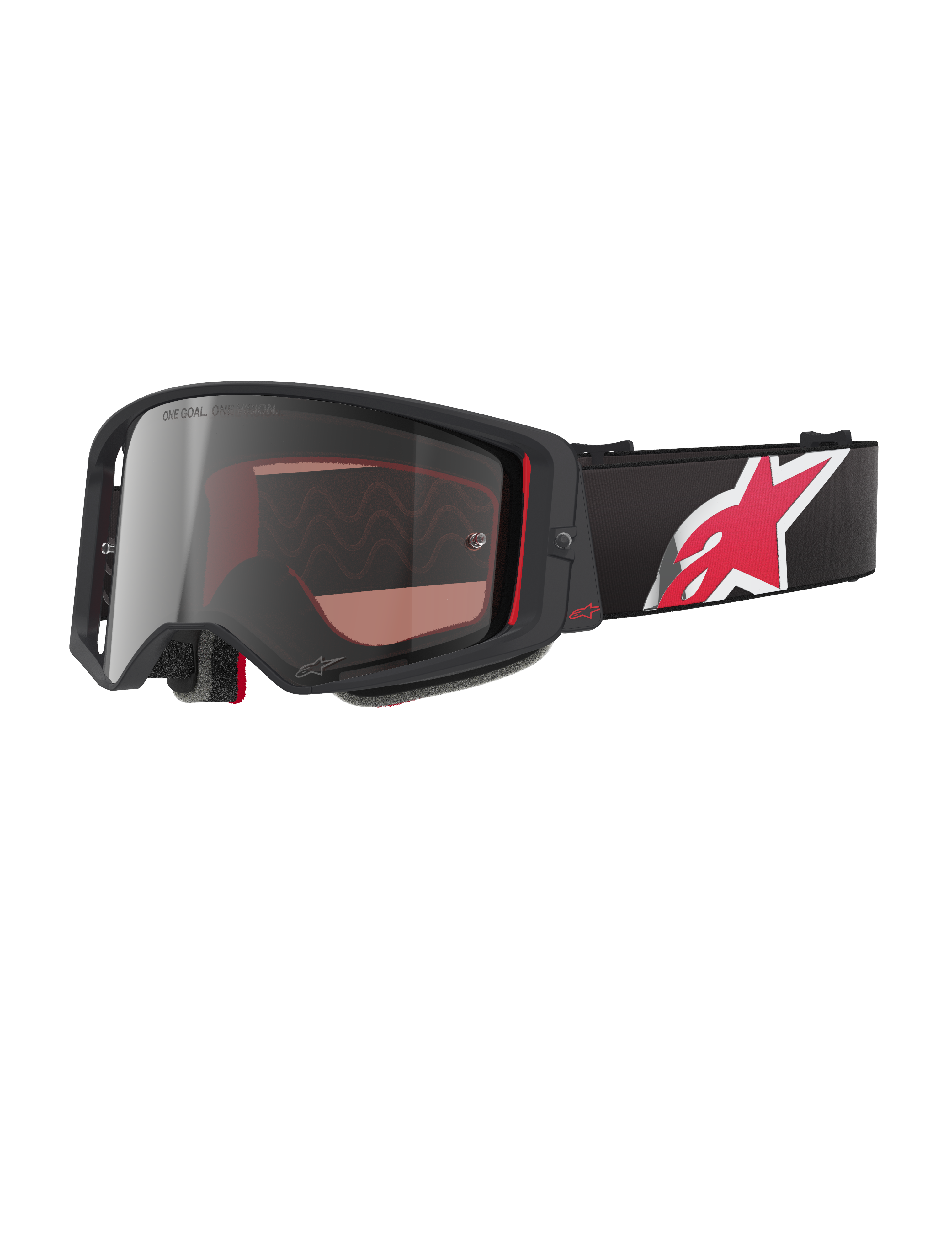 Alpinestars Supertech Corp Goggles Absolute Vision, Motocross Goggles, Black and Red with Mirror Silver Lens, featuring "ONE GOAL. ONE VISION." branding, black strap with large red and white star logo, angular frame design with foam padding, premium off-road eye protection