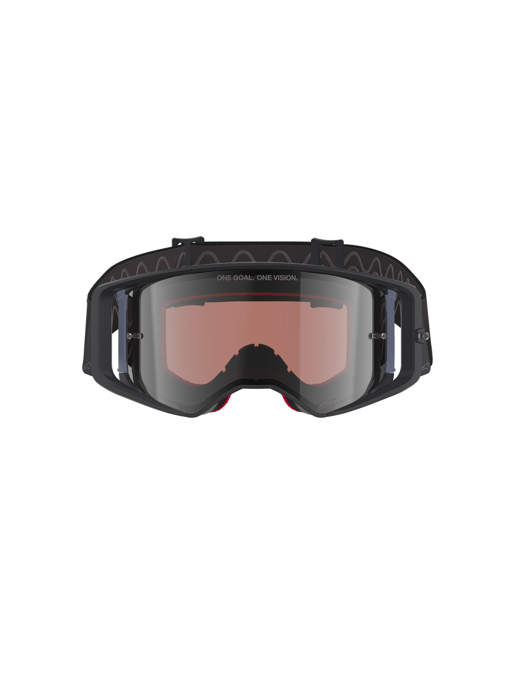 Alpinestars Supertech Corp Goggles Absolute Vision, Motocross Goggles, Black Grey Mirror Silver, featuring "ONE GOAL. ONE VISION." text on lens, wide-view polycarbonate lens, high-performance eye protection for off-road racing