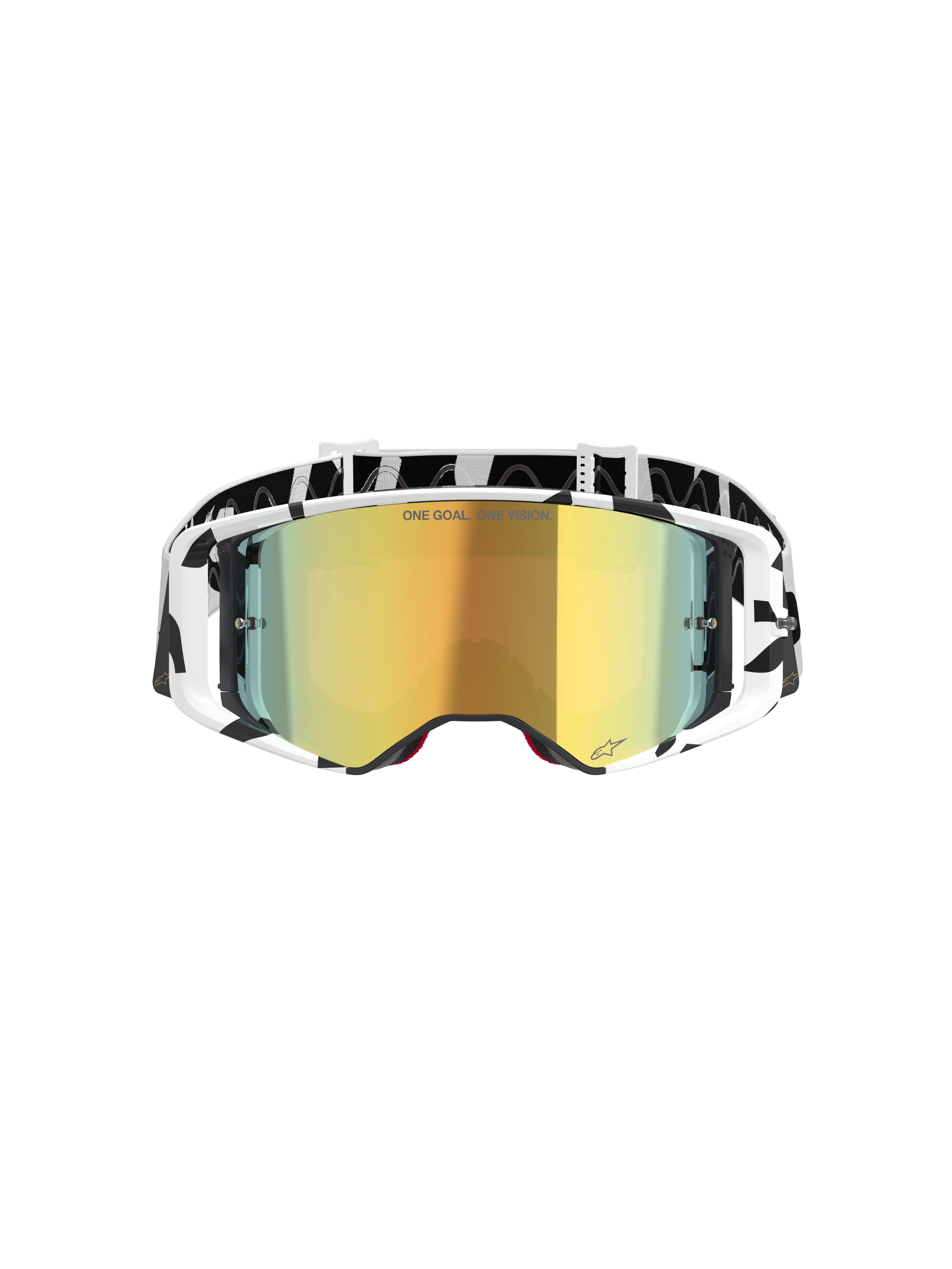 Alpinestars Supertech Corp Goggles Absolute Vision, Motocross Goggles, White and Gold Mirror, featuring a black and white graphic frame and strap, gold mirrored lens with 'ONE GOAL. ONE VISION.' text, high-performance off-road eyewear