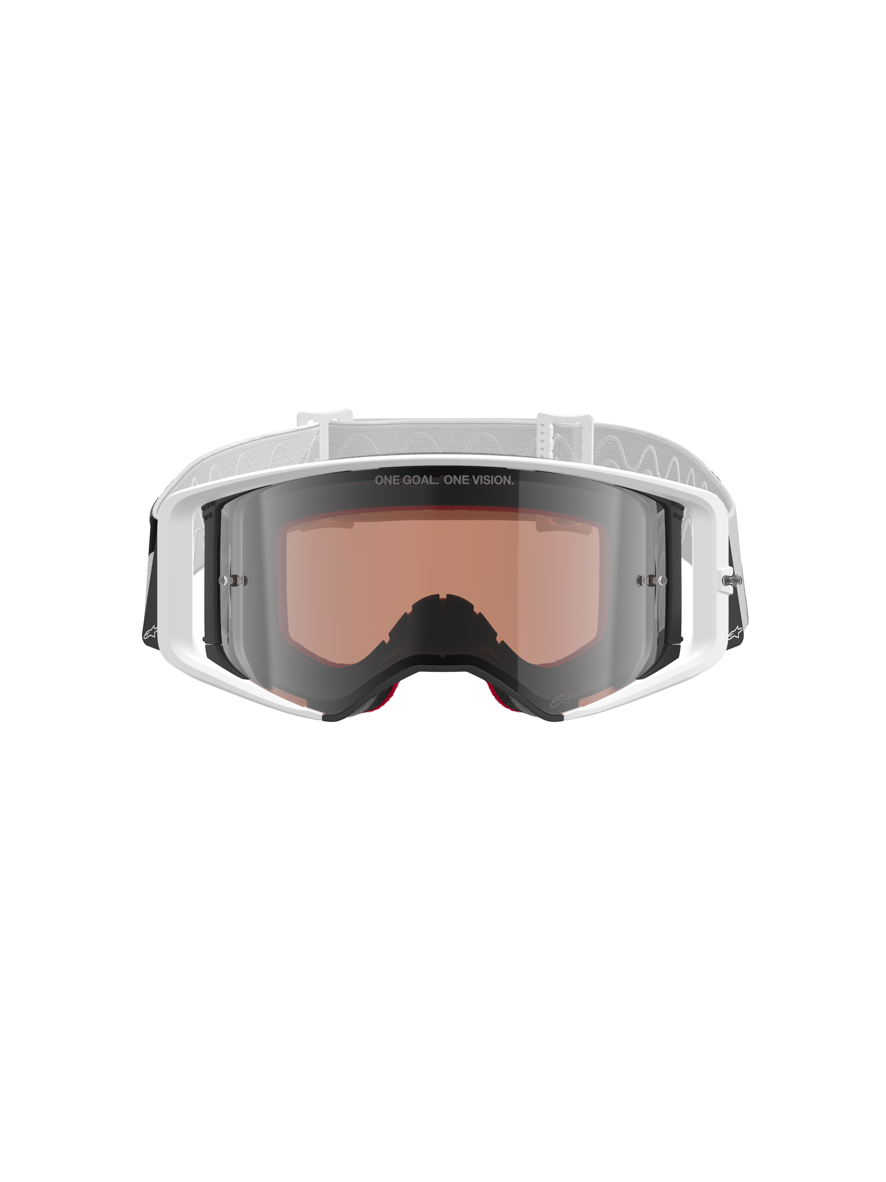 Alpinestars Supertech Corp Goggles Absolute Vision, Motocross Goggles, White and Mirror Silver, front view featuring a white frame and silver mirrored lens with "ONE GOAL. ONE VISION." text, adjustable white strap with Alpinestars logo, high-performance protective eyewear for off-road racing