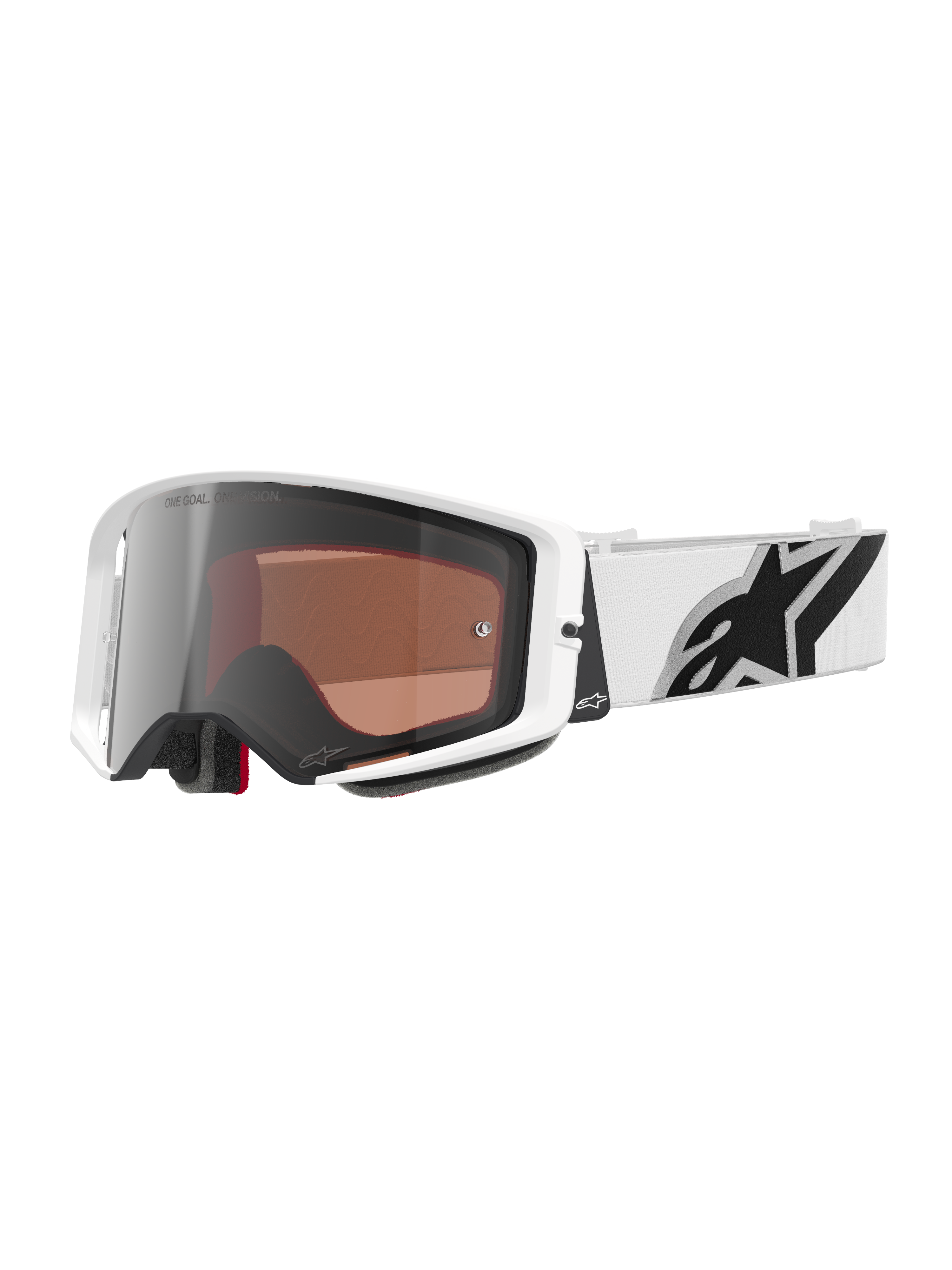 Alpinestars Supertech Corp Goggles Absolute Vision, Motocross Goggles, White frame with Silver Mirror lens, wide white adjustable strap featuring a large black Alpinestars star logo, high-performance protective eyewear for off-road racing