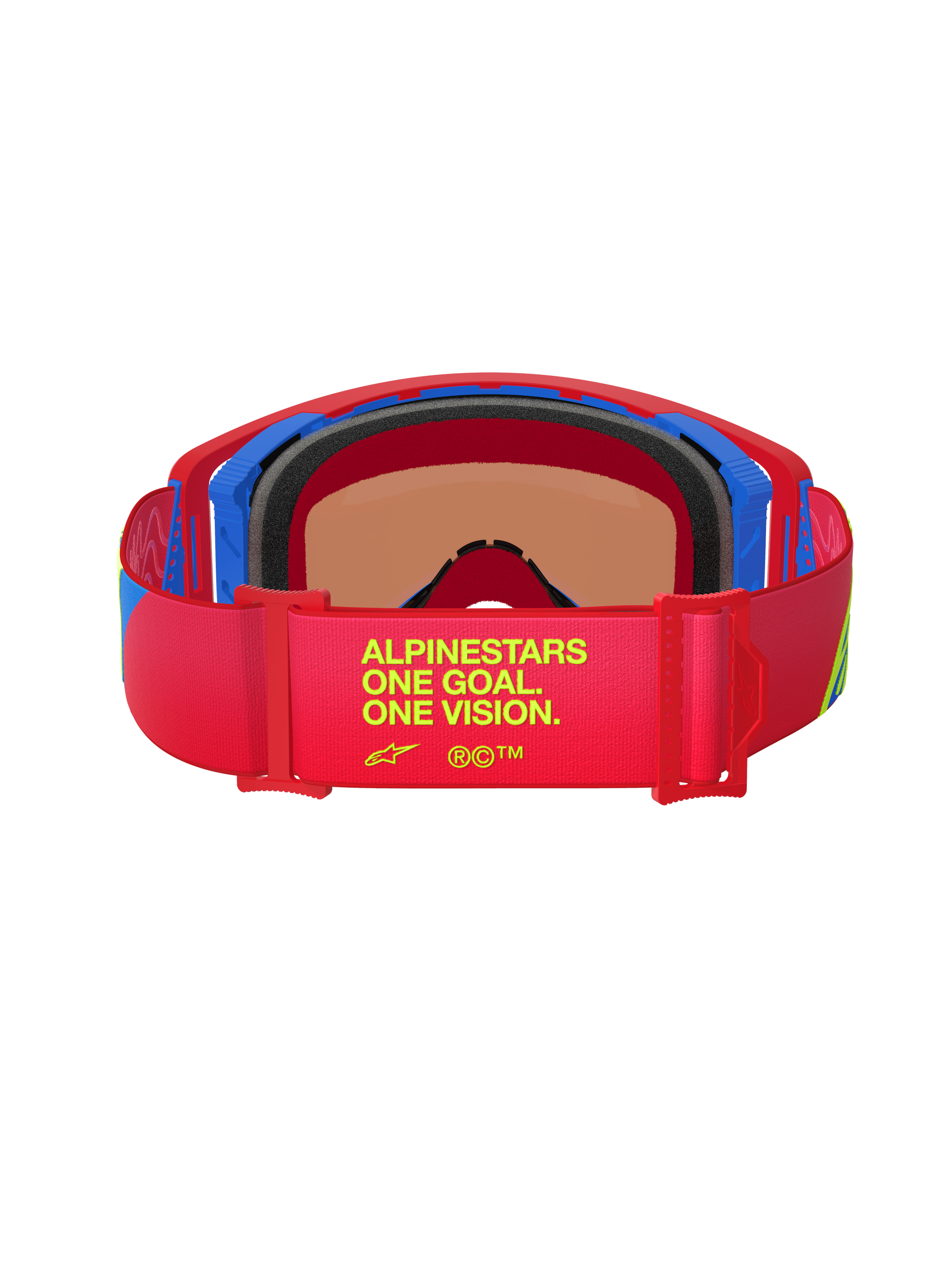 Alpinestars Supertech Corp Goggles Absolute Vision, Rear view, Red and blue frame, Red elastic strap with yellow 'One Goal. One Vision.' text, Multi-layer black face foam, High-performance motocross goggles