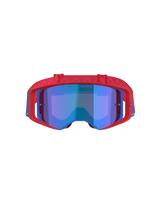 Alpinestars Supertech Corp Goggles Absolute Vision, Motocross Goggles, Red and Blue with Mirror Blue lens, featuring a bold red frame with blue accents, patterned red strap, and 'ONE GOAL... ONE VISION.' text on the lens.