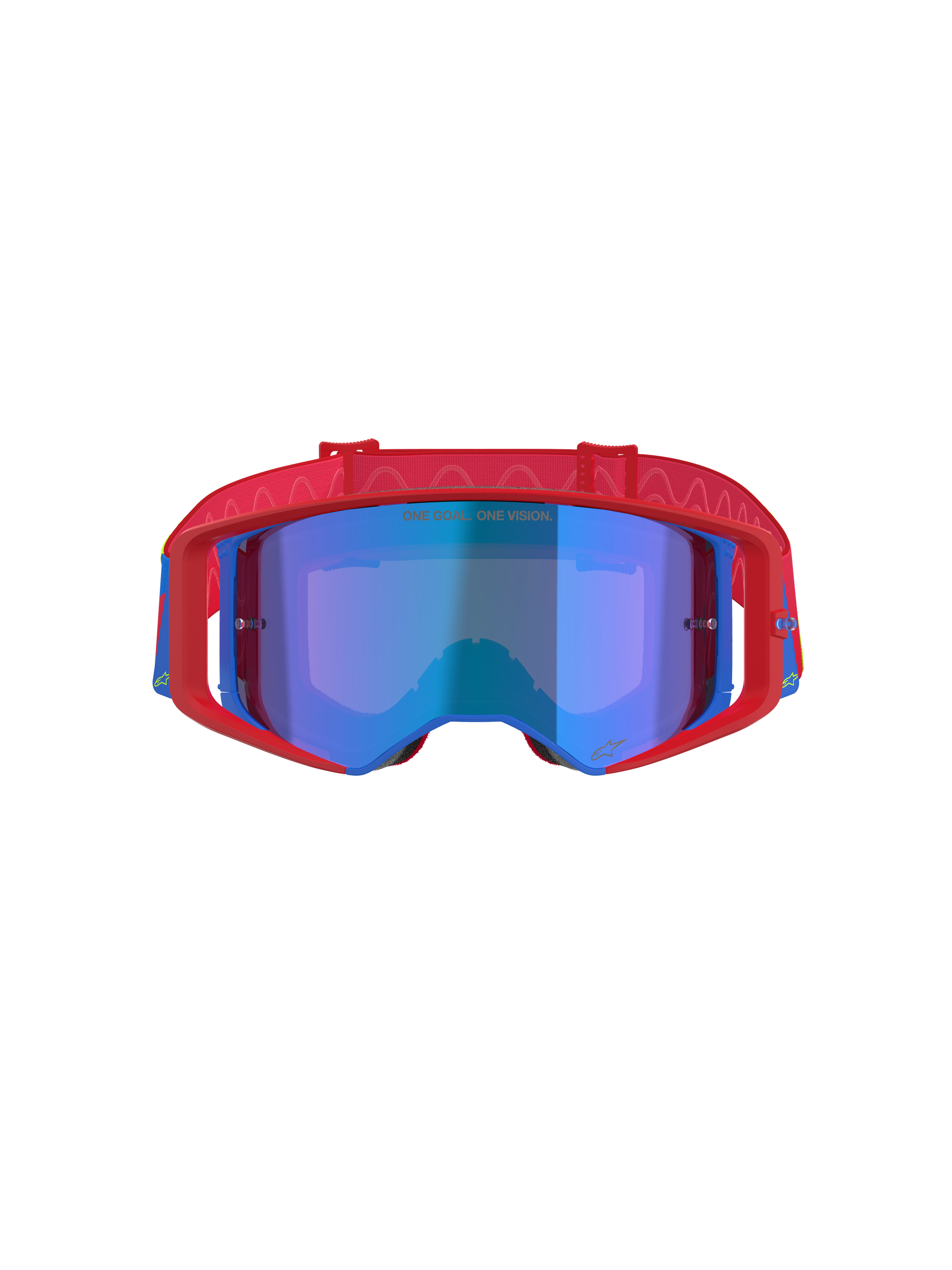 Alpinestars Supertech Corp Goggles Absolute Vision, Motocross Goggles, Red and Blue with Mirror Blue lens, featuring a bold red frame with blue accents, patterned red strap, and 'ONE GOAL... ONE VISION.' text on the lens.