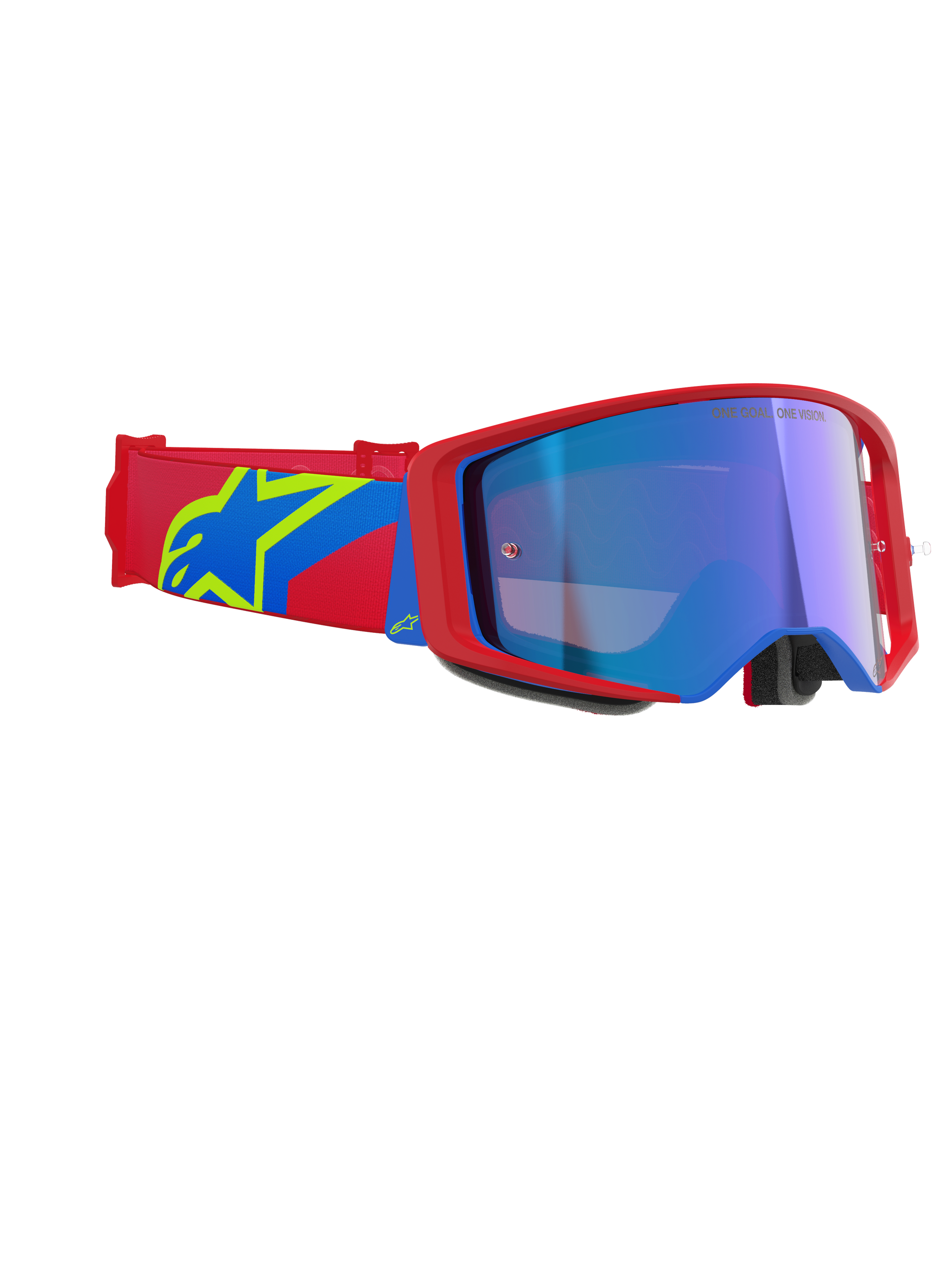 Alpinestars Supertech Corp Goggles Absolute Vision, Motocross Goggles, Red and Blue frame with Mirror Blue lens, red and blue strap featuring a yellow Alpinestars star logo, professional off-road racing eyewear