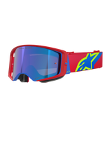 Alpinestars Supertech Corp Goggles Absolute Vision, Motocross Goggles, Red and Blue frame with Mirror Blue lens, red strap with bold yellow and blue Alpinestars logo, high-performance eyewear for off-road and racing