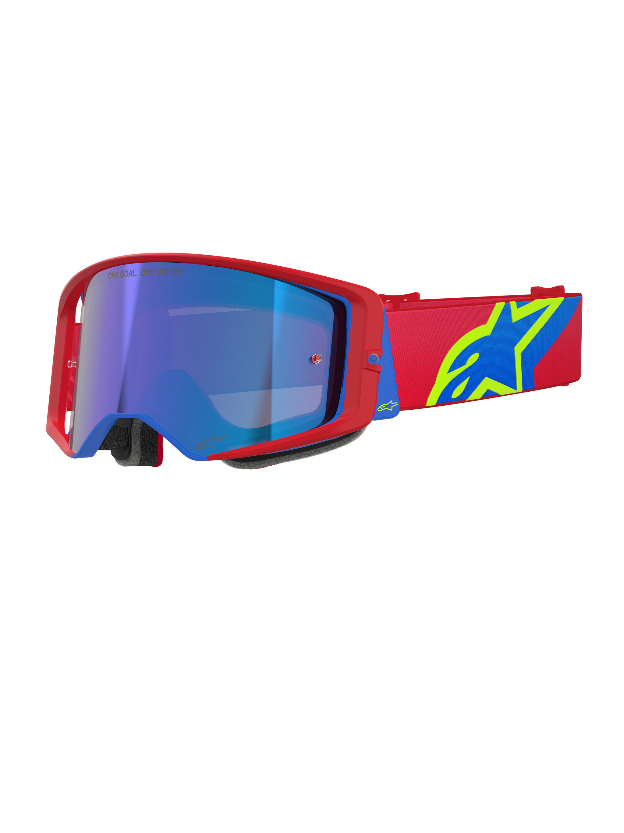 Alpinestars Supertech Corp Goggles Absolute Vision, Motocross Goggles, Red and Blue frame with Mirror Blue lens, red strap with bold yellow and blue Alpinestars logo, high-performance eyewear for off-road and racing