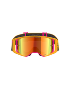 Alpinestars Supertech Corp Goggles Absolute Vision, Motocross Goggles, Yellow and Pink frame with Red Mirror lens, front view, featuring 'ONE GOAL. ONE VISION.' text on the lens, adjustable black strap with silicone traction