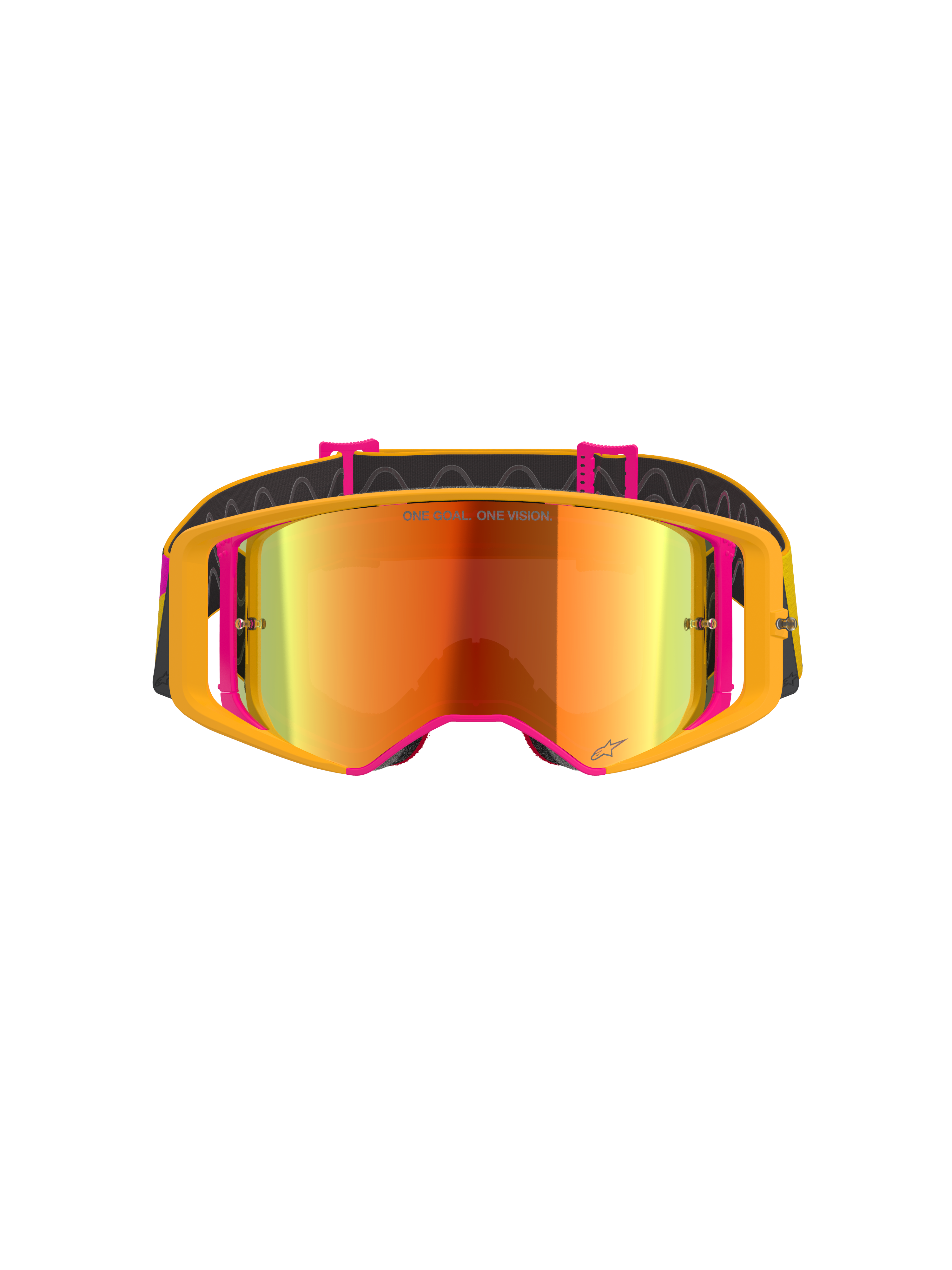 Alpinestars Supertech Corp Goggles Absolute Vision, Motocross Goggles, Yellow and Pink frame with Red Mirror lens, front view, featuring 'ONE GOAL. ONE VISION.' text on the lens, adjustable black strap with silicone traction