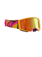 Alpinestars Supertech Corp Goggles Absolute Vision, Motocross Goggles, Yellow with Pink accents and Mirror Red lens, featuring a wide pink and yellow strap with a large Alpinestars logo, 'ONE GOAL. ONE VISION.' printed on the lens, high-performance racing eyewear for off-road use