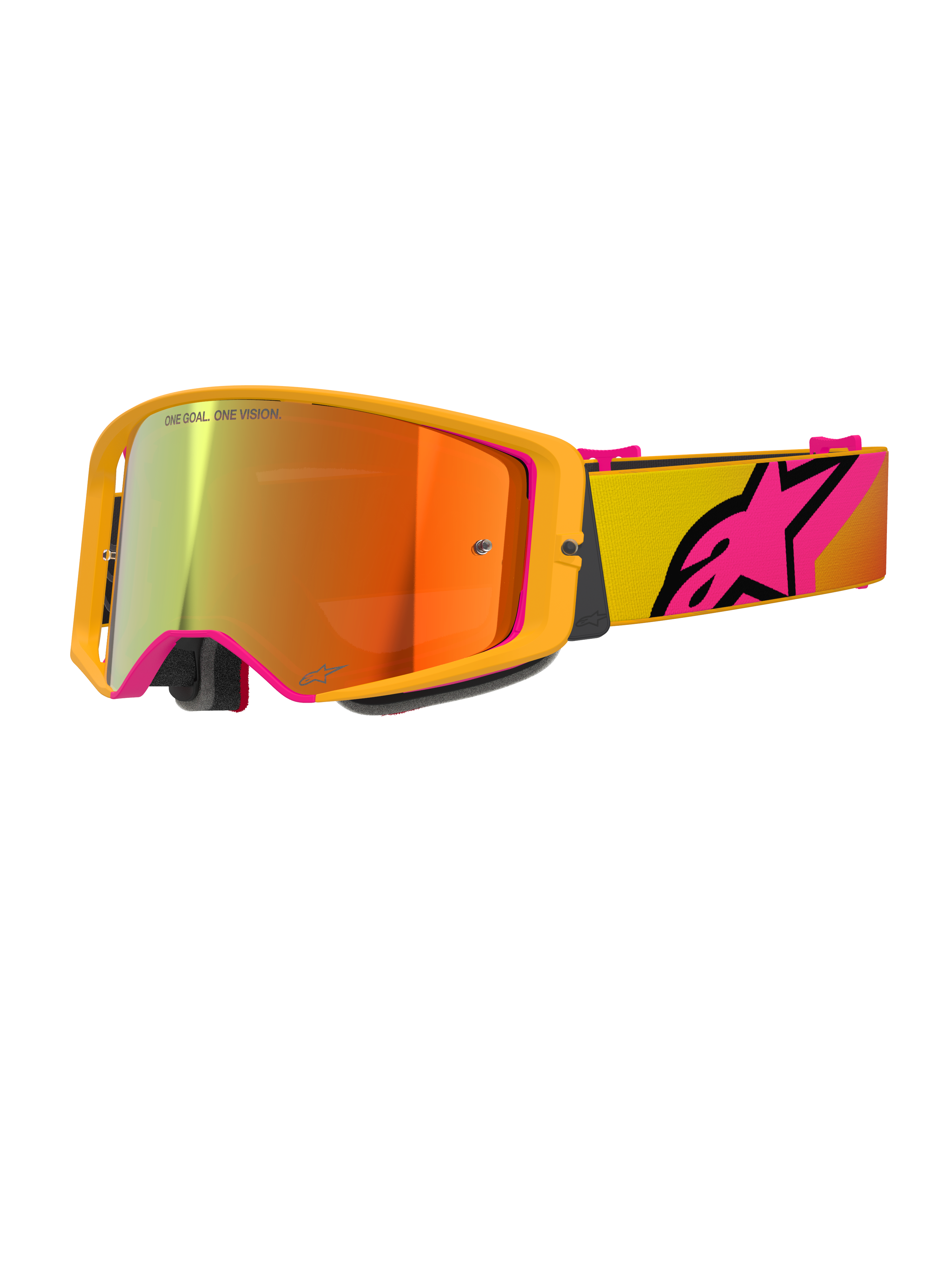 Alpinestars Supertech Corp Goggles Absolute Vision, Motocross Goggles, Yellow and Pink Mirror Red, featuring a bright yellow frame, mirrored lens with orange and red reflections, yellow strap with large pink Alpinestars star logo, professional off-road racing eyewear