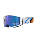 Alpinestars Supertech Corp Goggles Absolute Vision, Motocross Goggles, Blue and Orange with Mirror Blue lens, white and blue frame, wide white strap featuring a bold blue star logo and orange accents, high-performance off-road eye protection