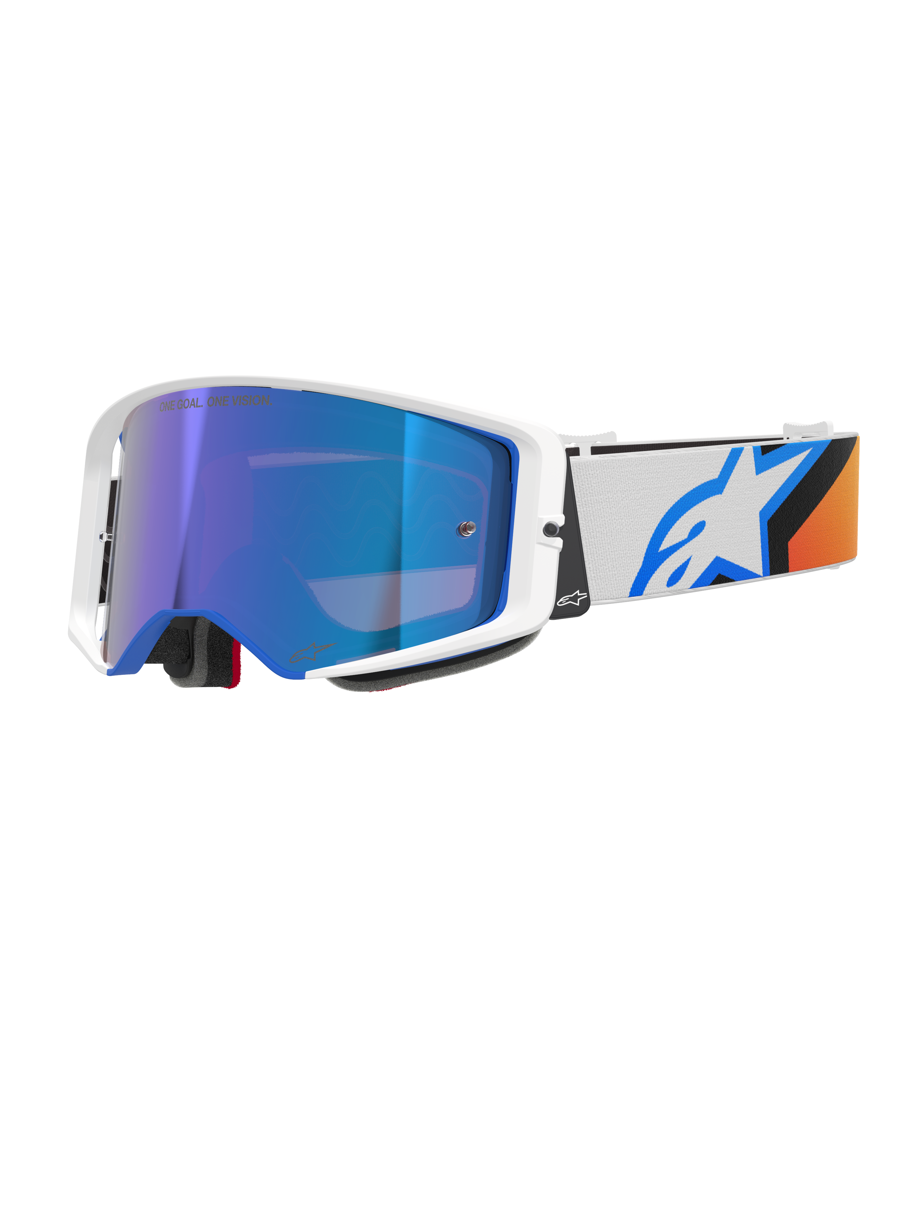 Alpinestars Supertech Corp Goggles Absolute Vision, Motocross Goggles, Blue and Orange with Mirror Blue lens, white and blue frame, wide white strap featuring a bold blue star logo and orange accents, high-performance off-road eye protection