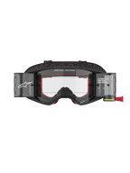 Alpinestars Supertech Corp Goggles Roll Off, Motocross and MTB Goggles, Black and Grey with Red interior foam, Clear Lens featuring Wide Vision Roll-Off system, "ONE GOAL. ONE VISION." branding, technical off-road eye protection with modern angular design