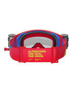 Alpinestars Supertech Corp Goggles, Red and Blue Motocross Goggles, back view showing red adjustable strap with yellow 'ALPINESTARS ONE GOAL. ONE VISION.' branding, integrated roll-off canisters and black multi-layer face foam