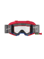 Alpinestars Supertech Corp Goggles Roll Off, Motocross Goggles, Red and Blue, Clear injection-molded lens with integrated roll-off canisters and film, red patterned strap, professional off-road racing eye protection