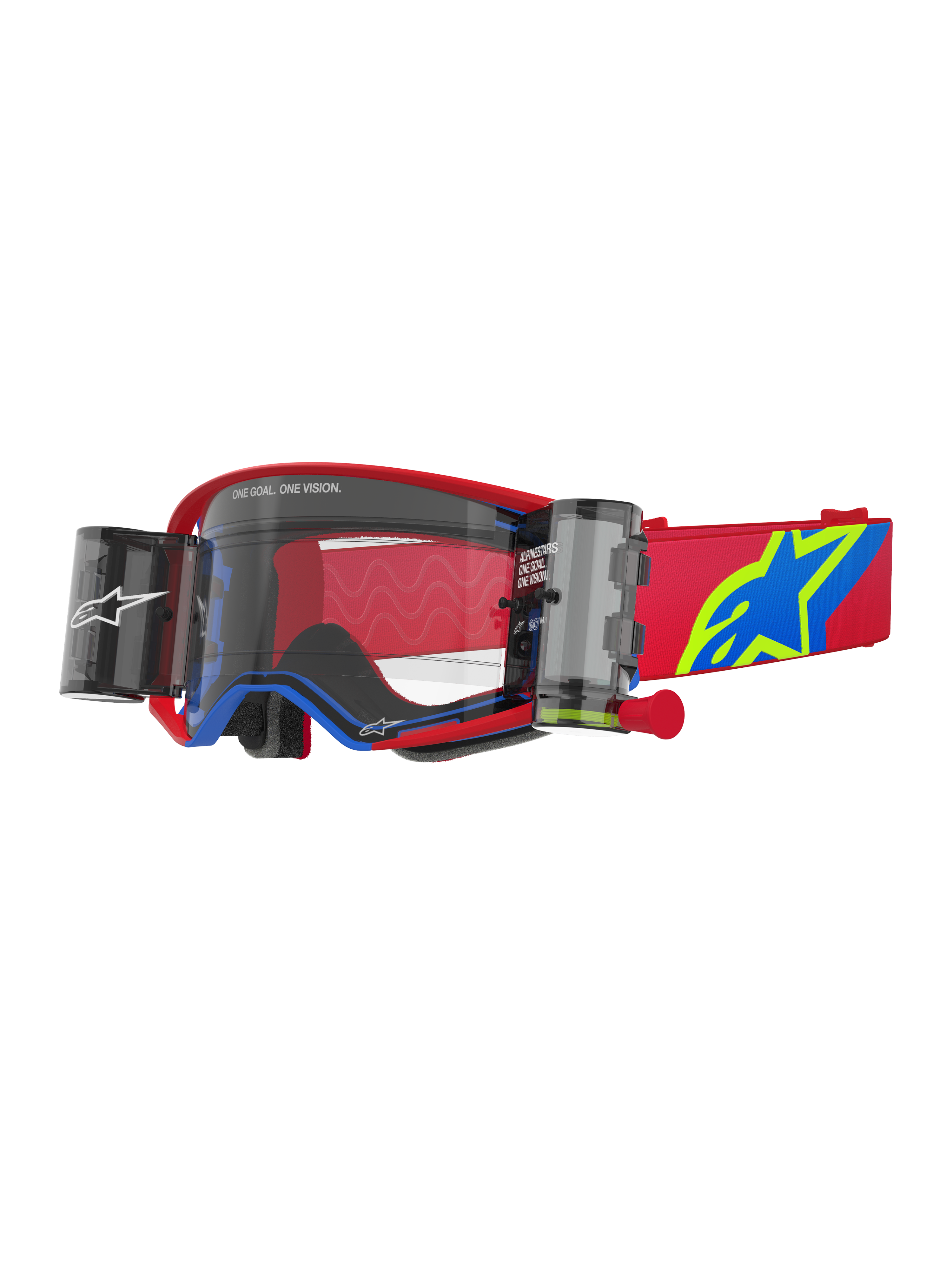 Alpinestars Supertech Corp Goggles Roll Off, Motocross Goggles, Red and Blue with Clear Lens, features integrated Wide Vision Roll-Off system, clear injection-molded lens, red frame with blue accents, wide red strap with blue and yellow star logo, professional off-road racing eye protection