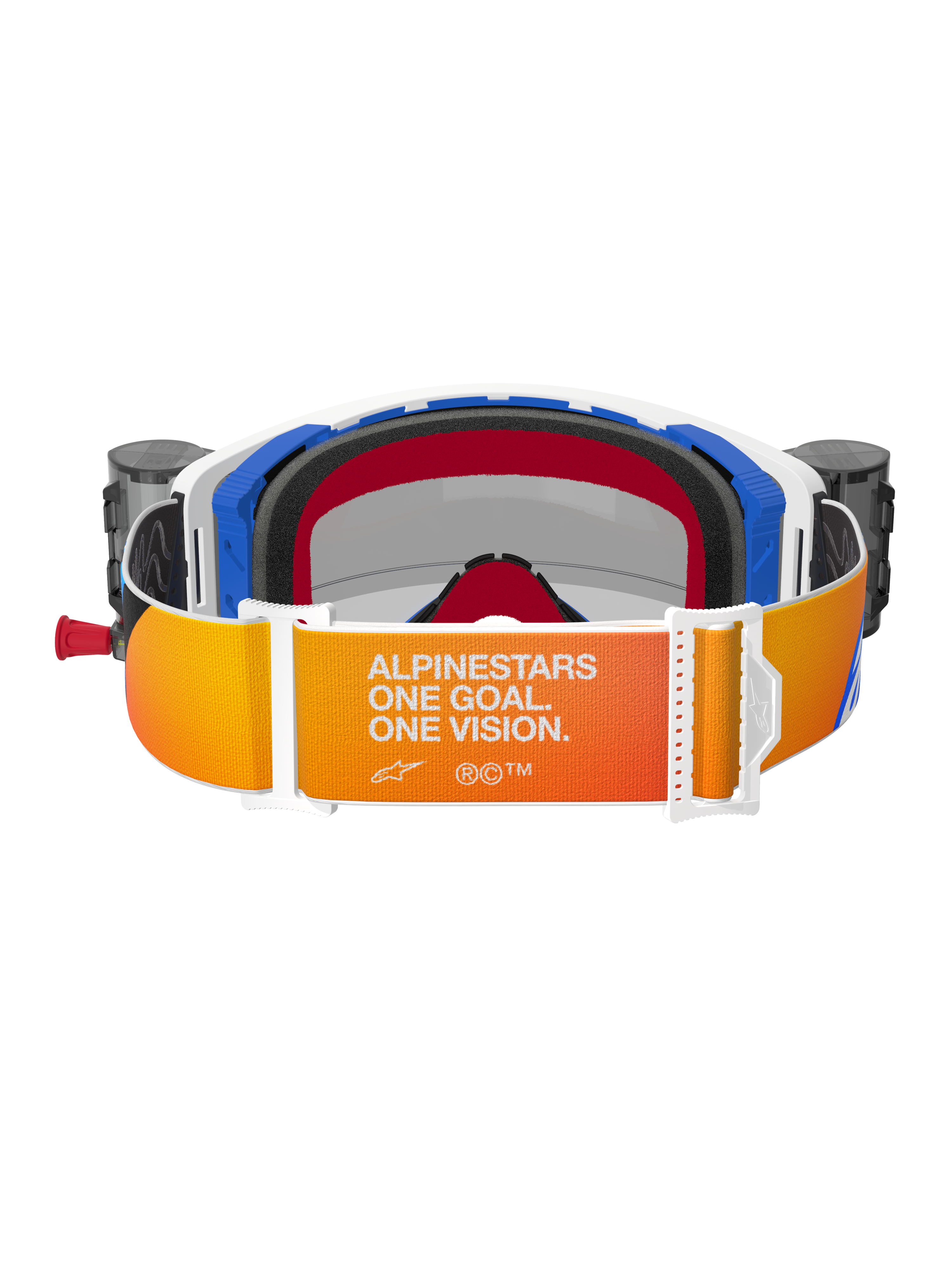 Alpinestars Supertech Corp Goggles Roll Off, rear view, orange and yellow gradient strap featuring white 'Alpinestars One Goal. One Vision.' text, blue and white frame components with black 3D molded face foam, integrated roll-off system canisters visible on sides