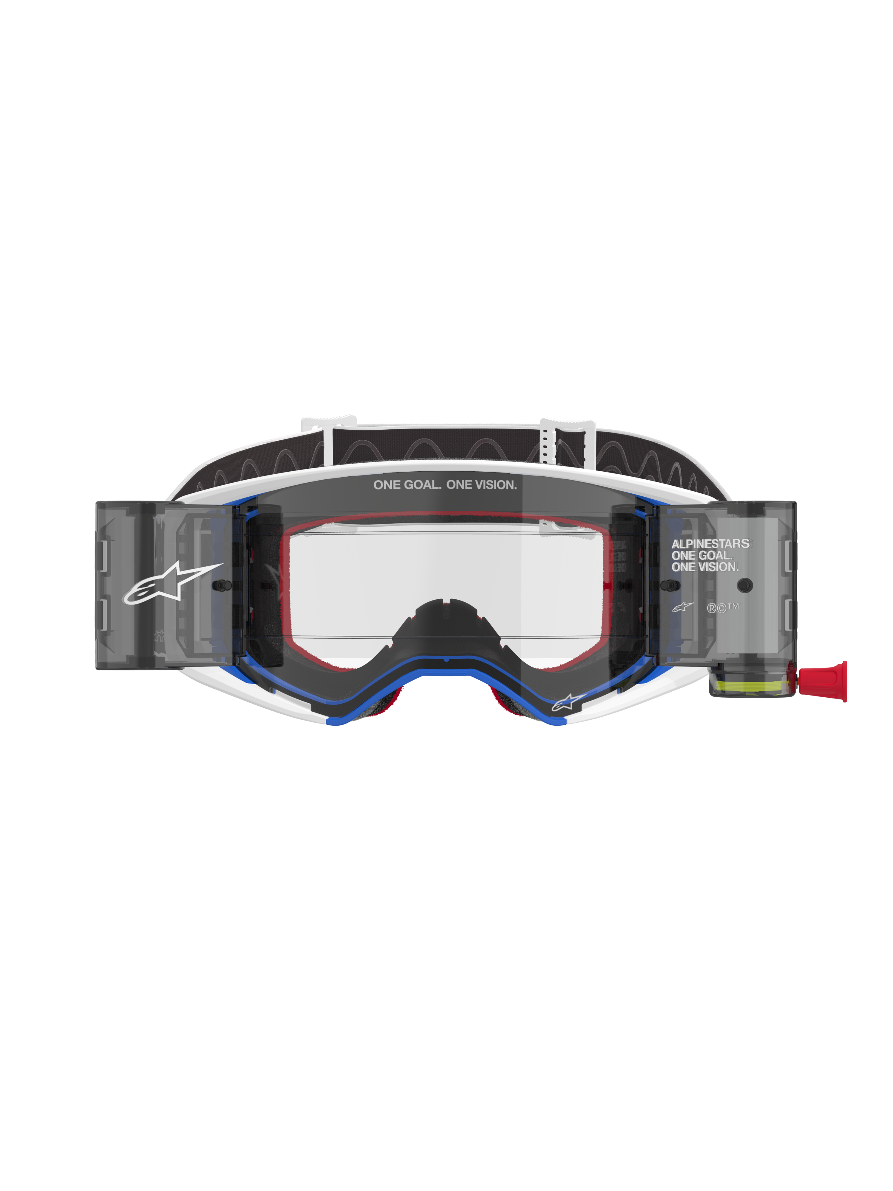 Alpinestars Supertech Corp Goggles Roll Off, Motocross Goggles, Blue and White frame with Orange accents, integrated wide-view roll-off system with clear lens, professional off-road eye protection featuring Alpinestars branding and "One Goal. One Vision." text