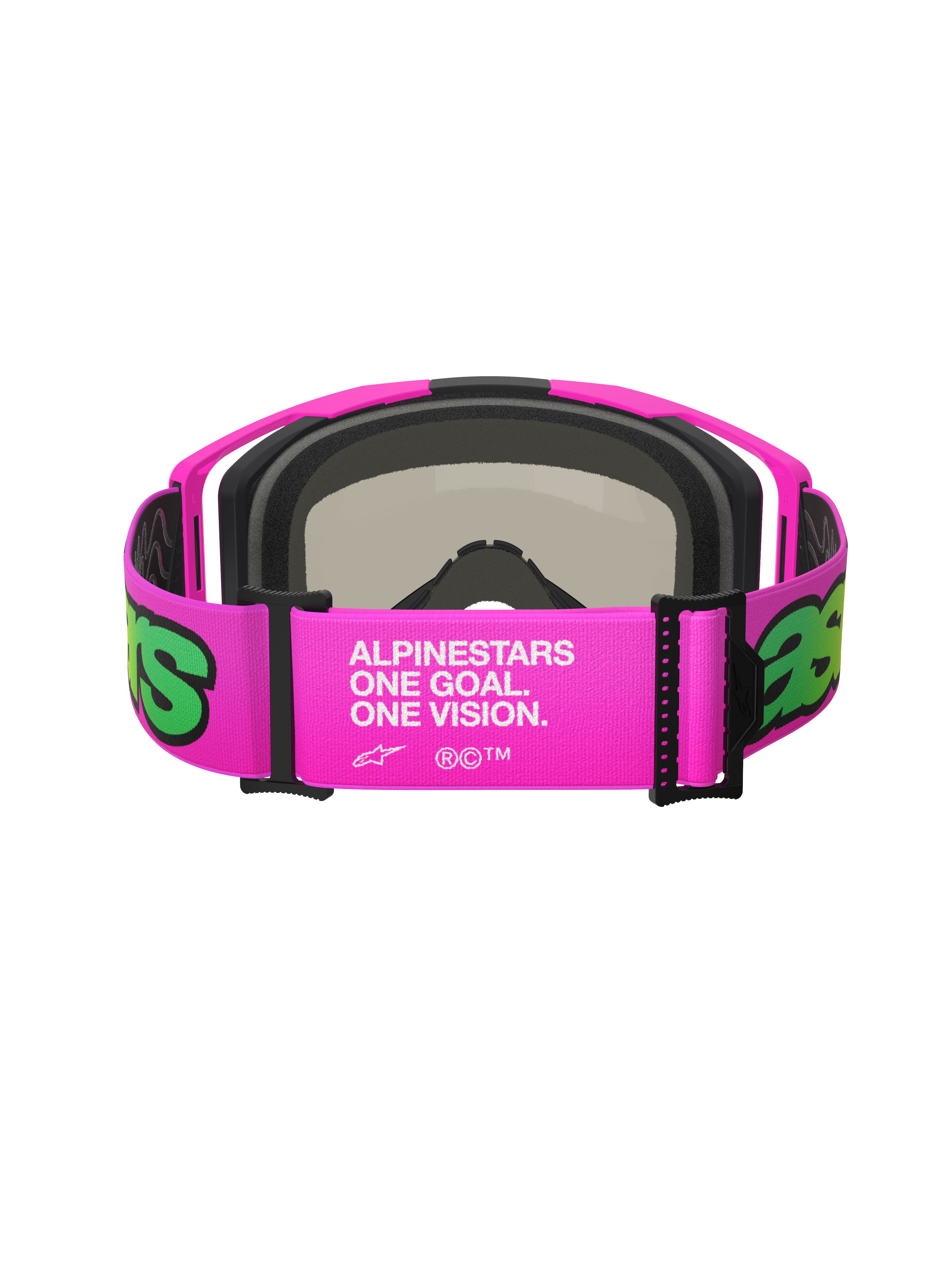 Alpinestars Vision 8 Vista Goggles, Motocross Goggles, Pink and Fluo Yellow, rear view of the wide adjustable strap with white 'One Goal. One Vision.' branding, pink frame with black face foam, high-performance off-road eyewear