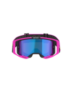 Alpinestars Vision 8 Vista Goggles, Motocross Goggles, Pink Fluo and Yellow Fluo with Mirror Blue Lens, vibrant pink frame, mirrored blue lens, black strap with 'ONE GOAL. ONE VISION.' branding, professional off-road racing eyewear