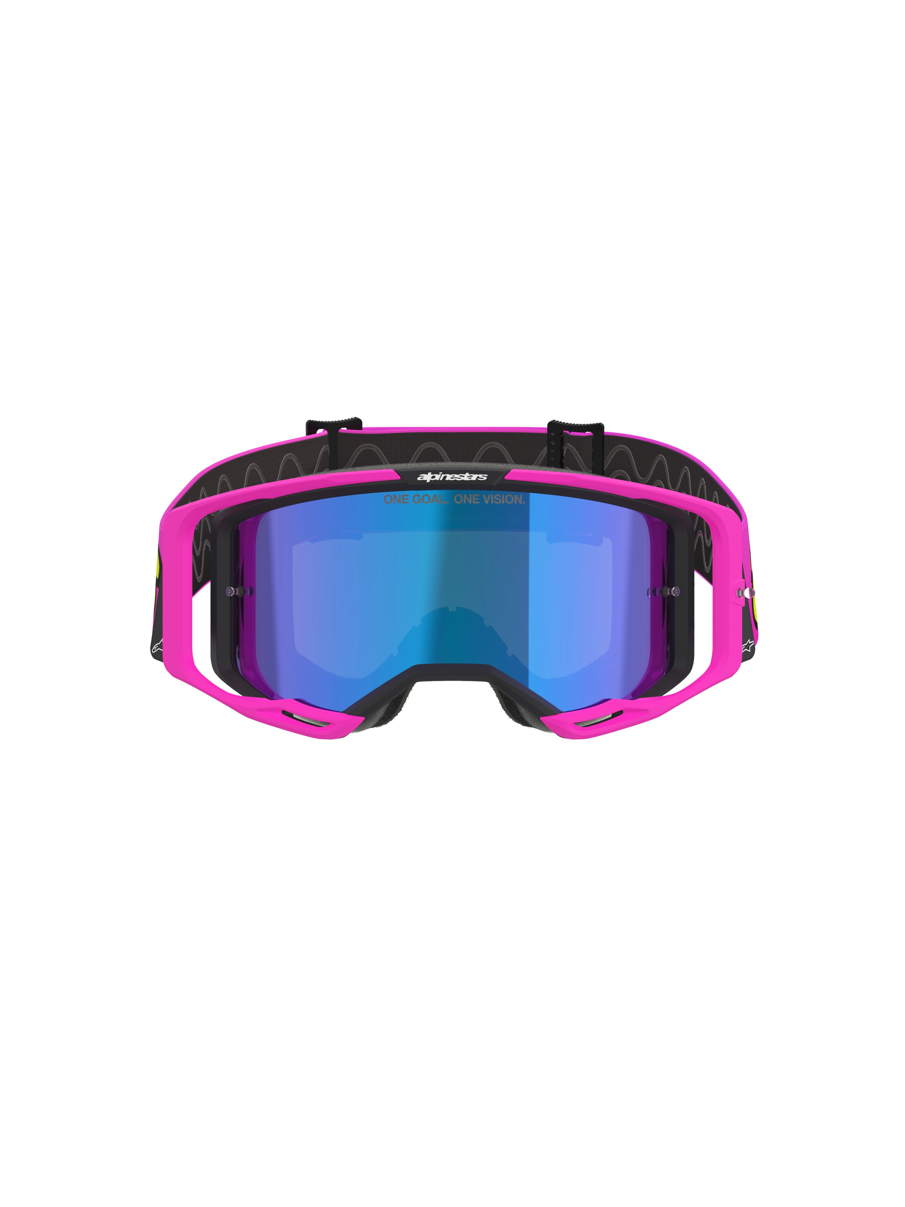 Alpinestars Vision 8 Vista Goggles, Motocross Goggles, Pink Fluo and Yellow Fluo with Mirror Blue Lens, vibrant pink frame, mirrored blue lens, black strap with 'ONE GOAL. ONE VISION.' branding, professional off-road racing eyewear