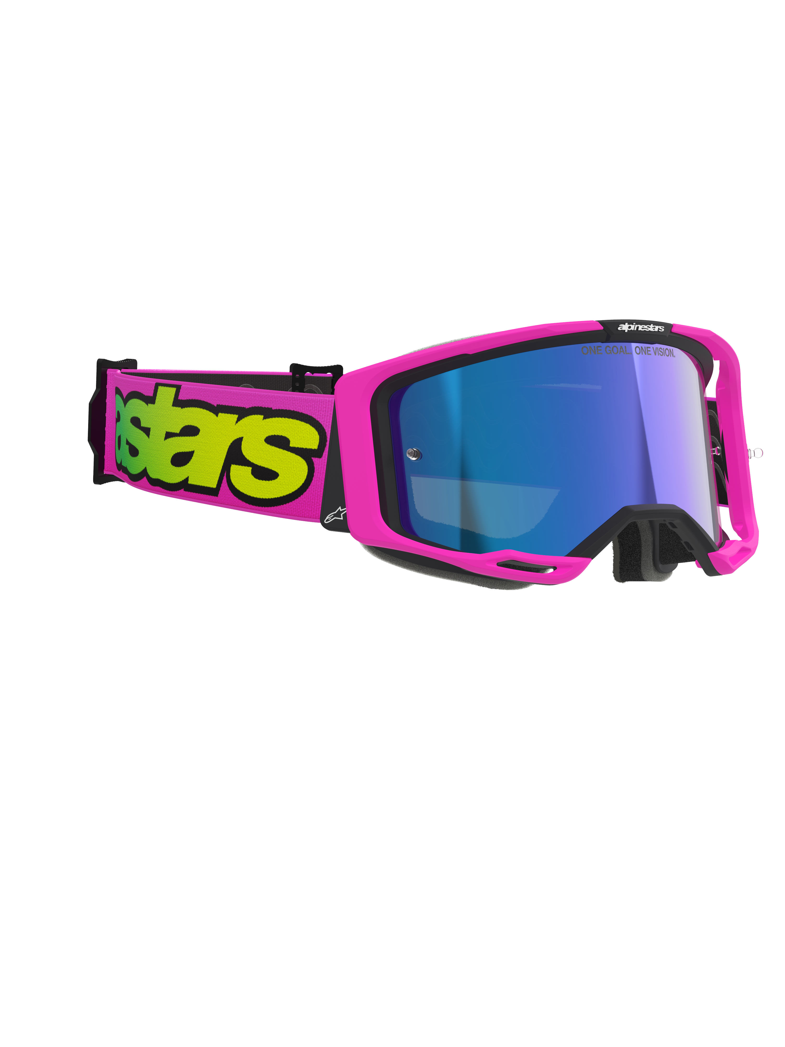 Alpinestars Vision 8 Vista Goggles, Motocross Goggles, Pink Fluo and Yellow Fluo with Mirror Blue Lens, vibrant pink frame and strap featuring bold yellow branding, professional off-road eye protection