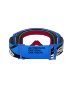 Alpinestars Supertech Stream Goggles, Motocross Goggles, Blue and Clear, rear view of blue strap with "ALPINESTARS ONE GOAL. ONE VISION." text, black and white graphics, and red and black foam lining