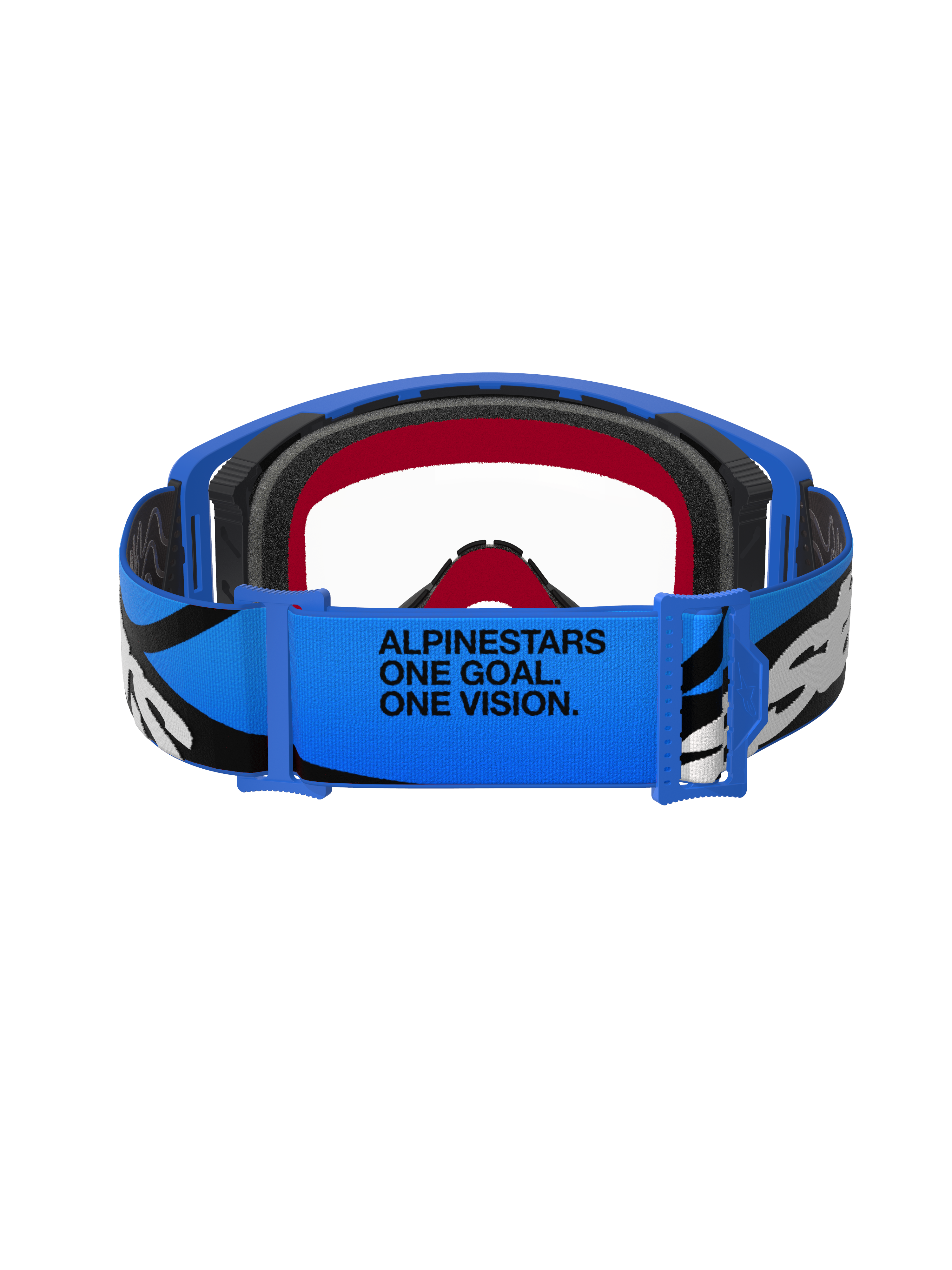 Alpinestars Supertech Stream Goggles, Motocross Goggles, Blue and Clear, rear view of blue strap with "ALPINESTARS ONE GOAL. ONE VISION." text, black and white graphics, and red and black foam lining