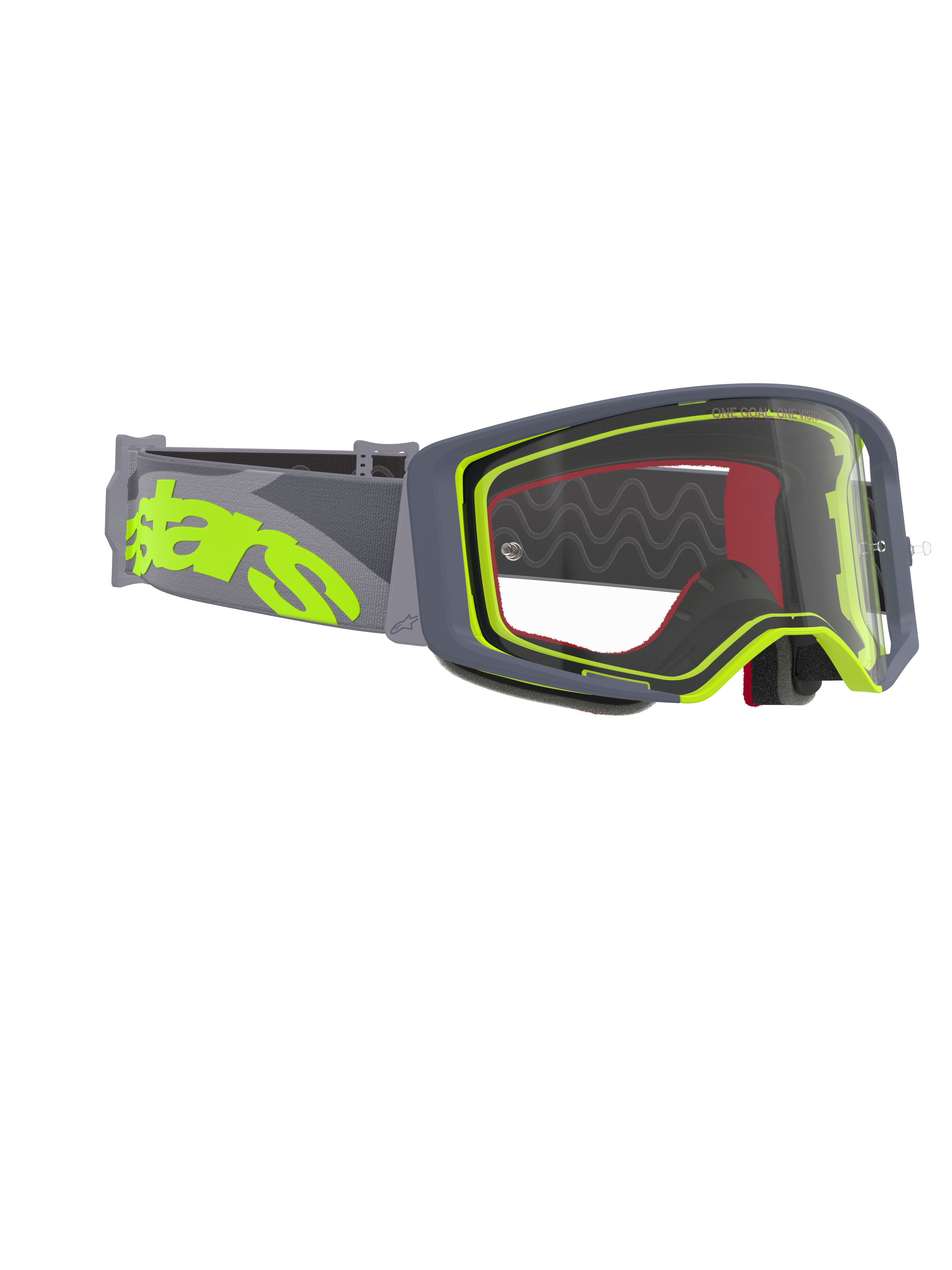 Alpinestars Supertech Stream Goggles, Motocross Goggles, Gray and Fluo Yellow frame with clear lens, featuring a wide gray strap with a large fluo yellow logo, designed for off-road and motocross racing performance