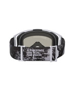 Alpinestars Vision 8 Lahnd Goggles, Motocross Goggles, Iron Camo and Mirror Silver, rear view showing adjustable strap with 'ONE GOAL. ONE VISION.' text, camouflage pattern with white and grey frame accents