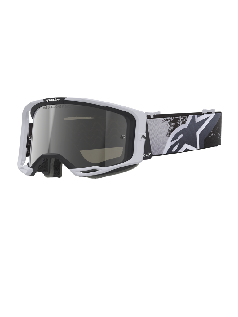 Alpinestars Vision 8 Lahnd Goggles, Motocross Goggles, Iron Camo Mirror Silver, white frame with a silver mirrored lens, grayscale camouflage strap featuring a large white star logo, high-performance eyewear for off-road racing