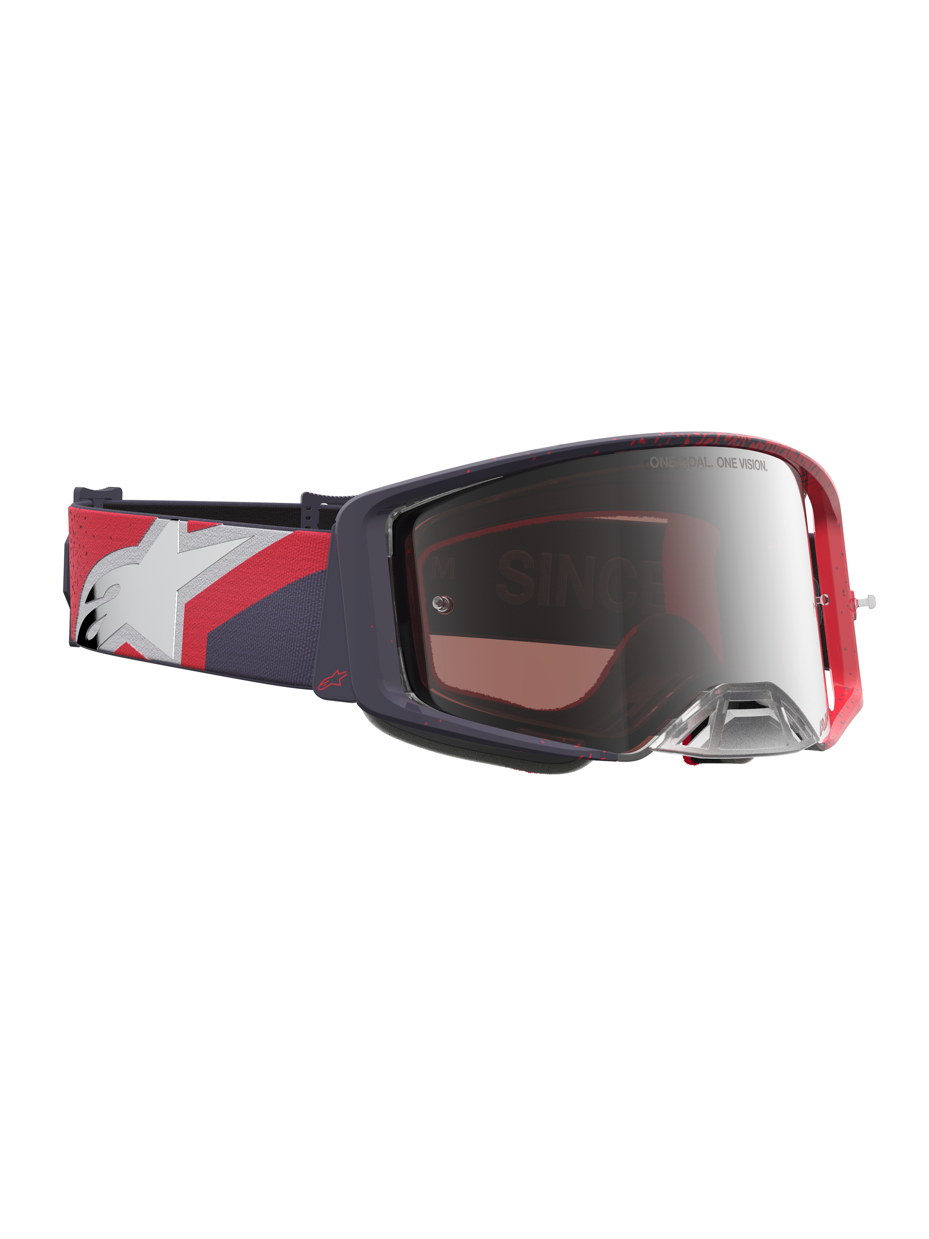 Alpinestars Supertech Hiten Motocross Goggles, black and red frame with a silver mirror lens and adjustable graphic strap.