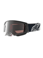 Alpinestars Supertech Hiten Goggles for motocross racing, black and white with a silver mirror lens and wide peripheral vision.