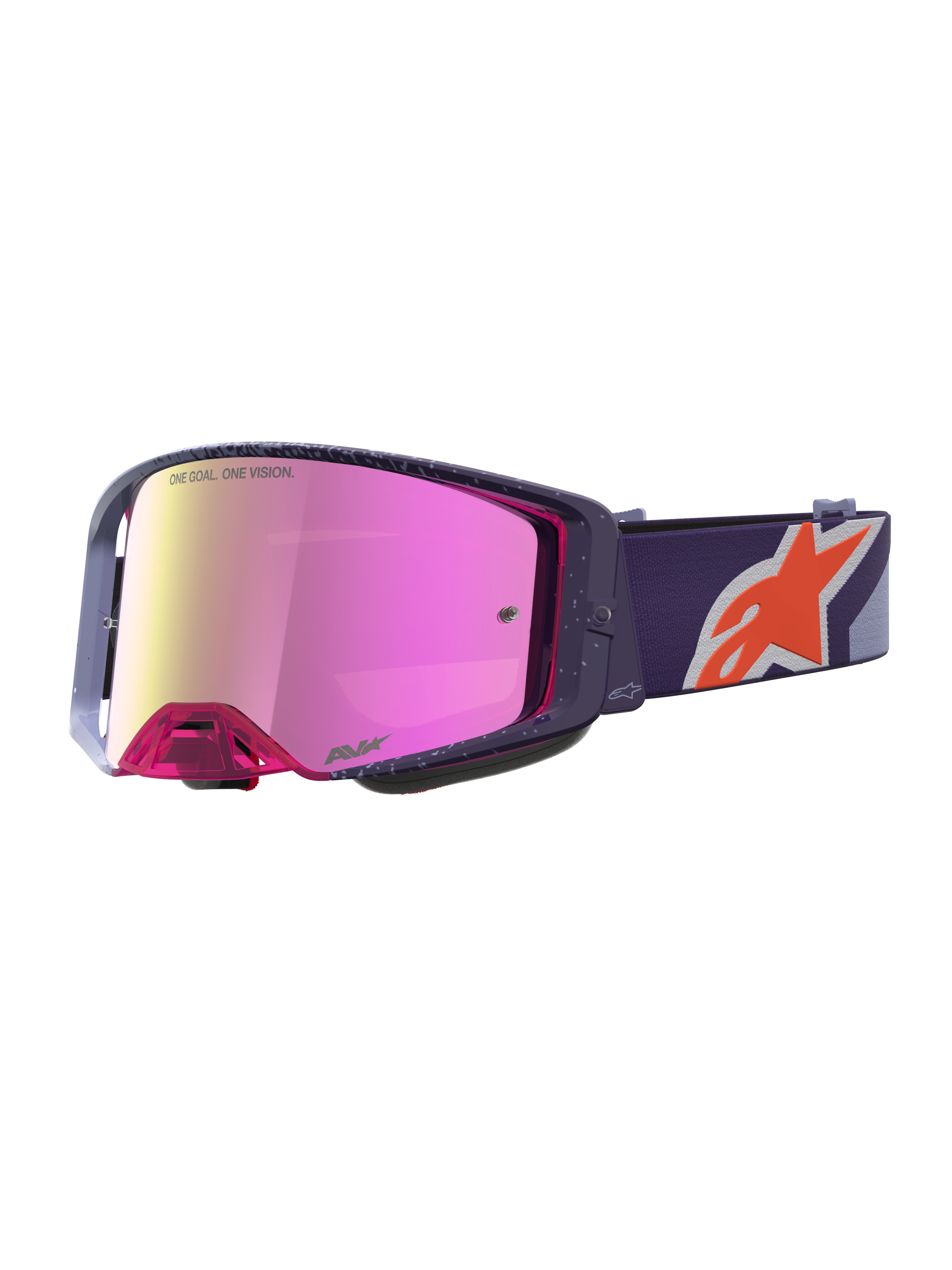 Alpinestars Supertech Hiten Motocross Goggles, Purple frame and strap with Red Mirror Pink lens for off-road racing.