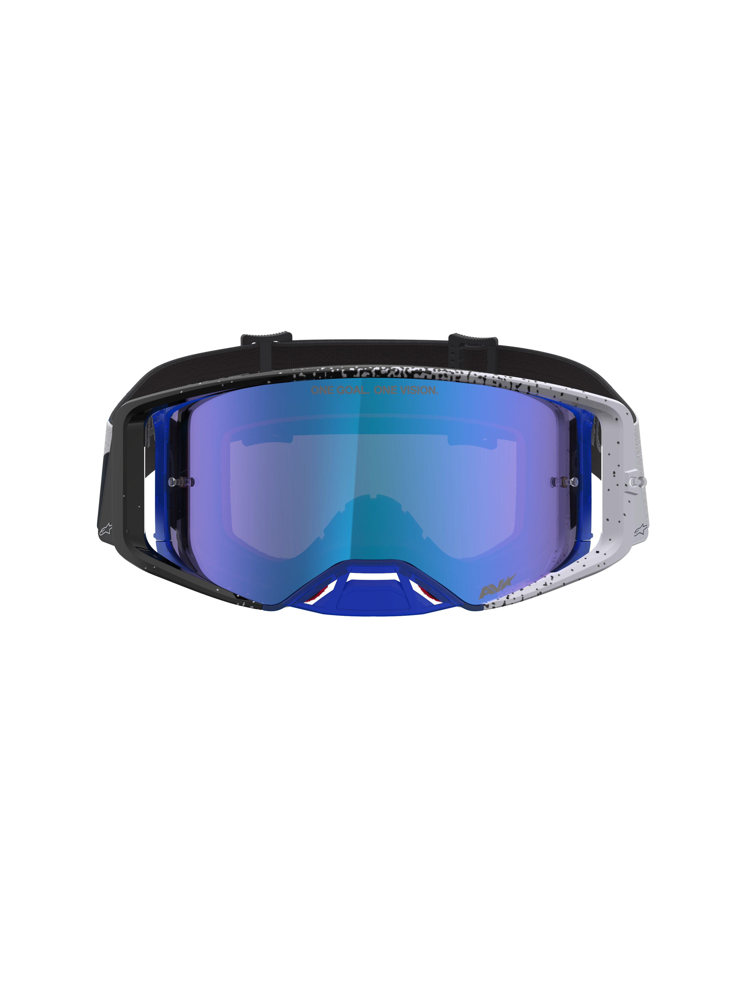 Alpinestars Supertech Hiten Motocross Goggles with a blue mirror lens and black and blue speckled frame design.