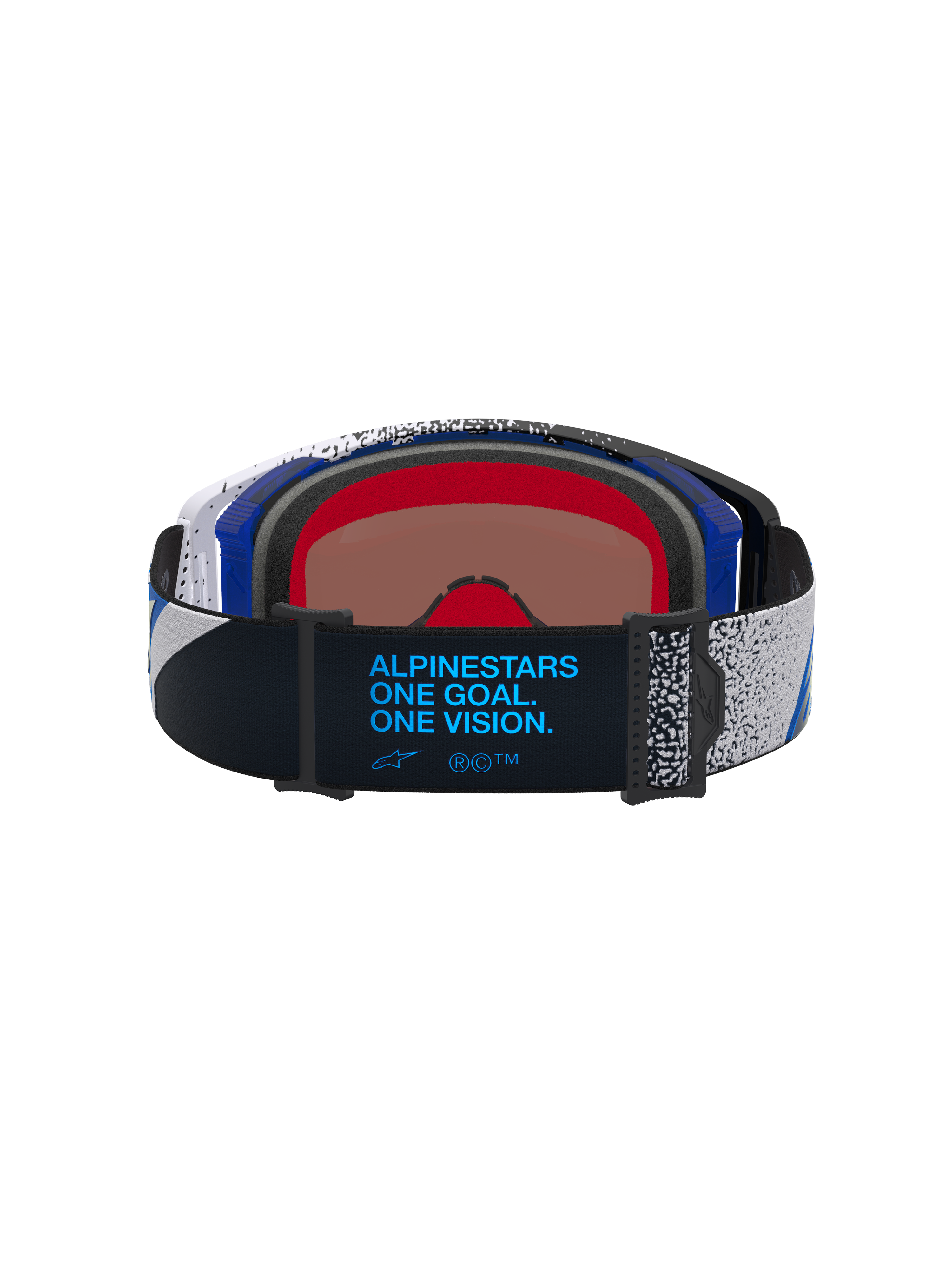 Alpinestars Supertech Hiten Motocross Goggles, unisex, black and blue, rear view of strap with brand motto and logo.