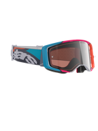 Alpinestars Supertech Stream Goggles, Motocross Goggles, Gray frame with Blue and Pink accents, Silver Multi Mirror Lens, Teal and Gray strap with bold white branding, high-performance off-road racing eyewear