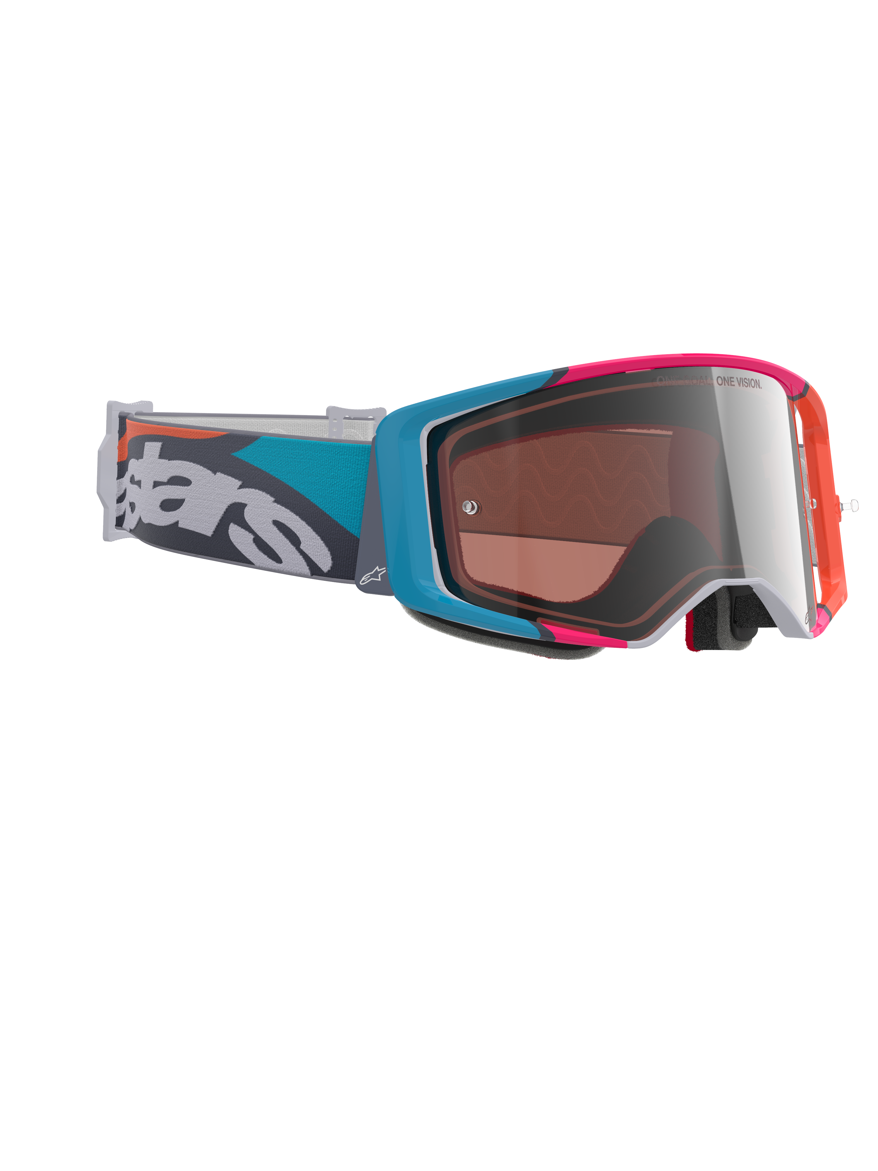 Alpinestars Supertech Stream Goggles, Motocross Goggles, Gray frame with Blue and Pink accents, Silver Multi Mirror Lens, Teal and Gray strap with bold white branding, high-performance off-road racing eyewear