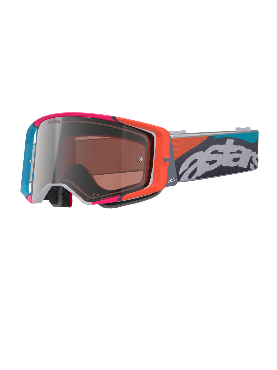 Alpinestars Supertech Stream Goggles, Gray frame with vibrant red and blue accents, Multi Mirror Silver lens, thick foam padding, adjustable strap with bold white 'astars' branding and colorful geometric patterns, professional motocross eye protection.