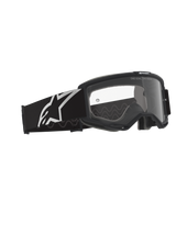 Alpinestars Vision Goggles OTG, Motocross Goggles, Black and Grey with Clear Lens, black frame featuring a wide strap with a white Alpinestars logo and grey silicone traction pattern, deep volume frame designed for prescription glasses, anti-fog lens with branding detail.