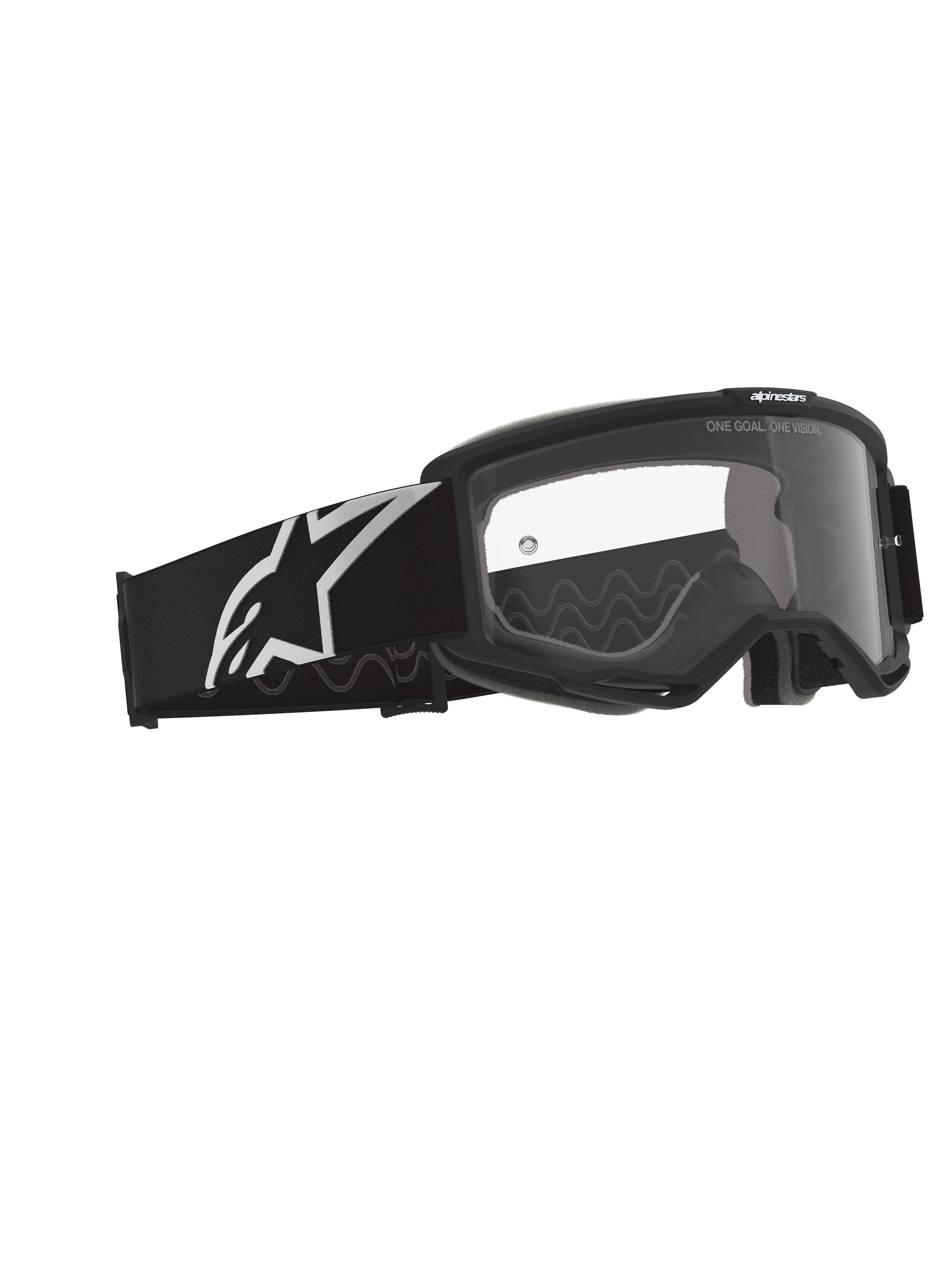 Alpinestars Vision Goggles OTG, Motocross Goggles, Black and Grey with Clear Lens, black frame featuring a wide strap with a white Alpinestars logo and grey silicone traction pattern, deep volume frame designed for prescription glasses, anti-fog lens with branding detail.