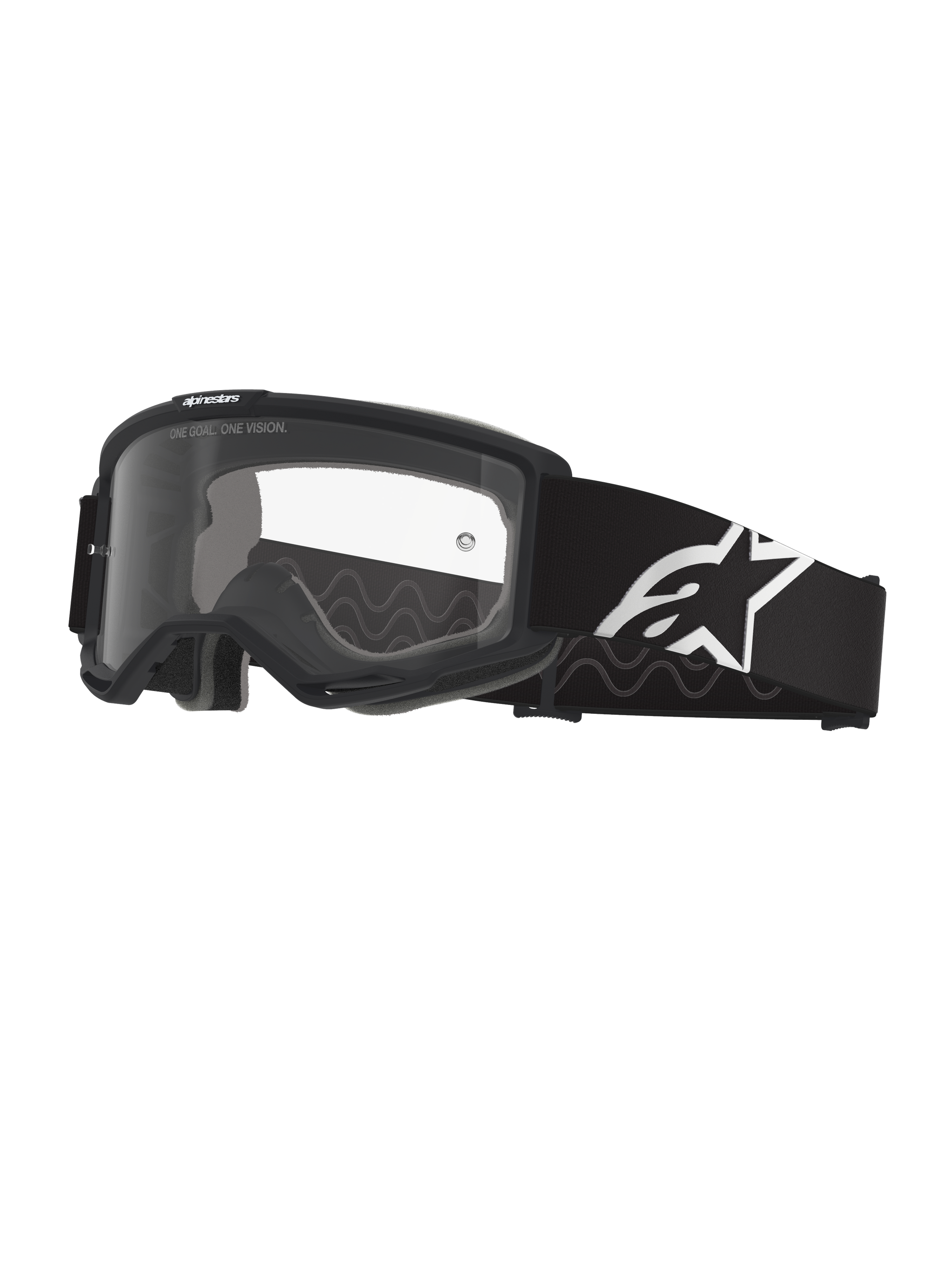 Alpinestars Vision Goggles OTG, Motocross Goggles, Black and Grey with Clear lens, wide black woven strap featuring white Alpinestars logo, deep volume frame designed for prescription glasses, protective eyewear for off-road riding