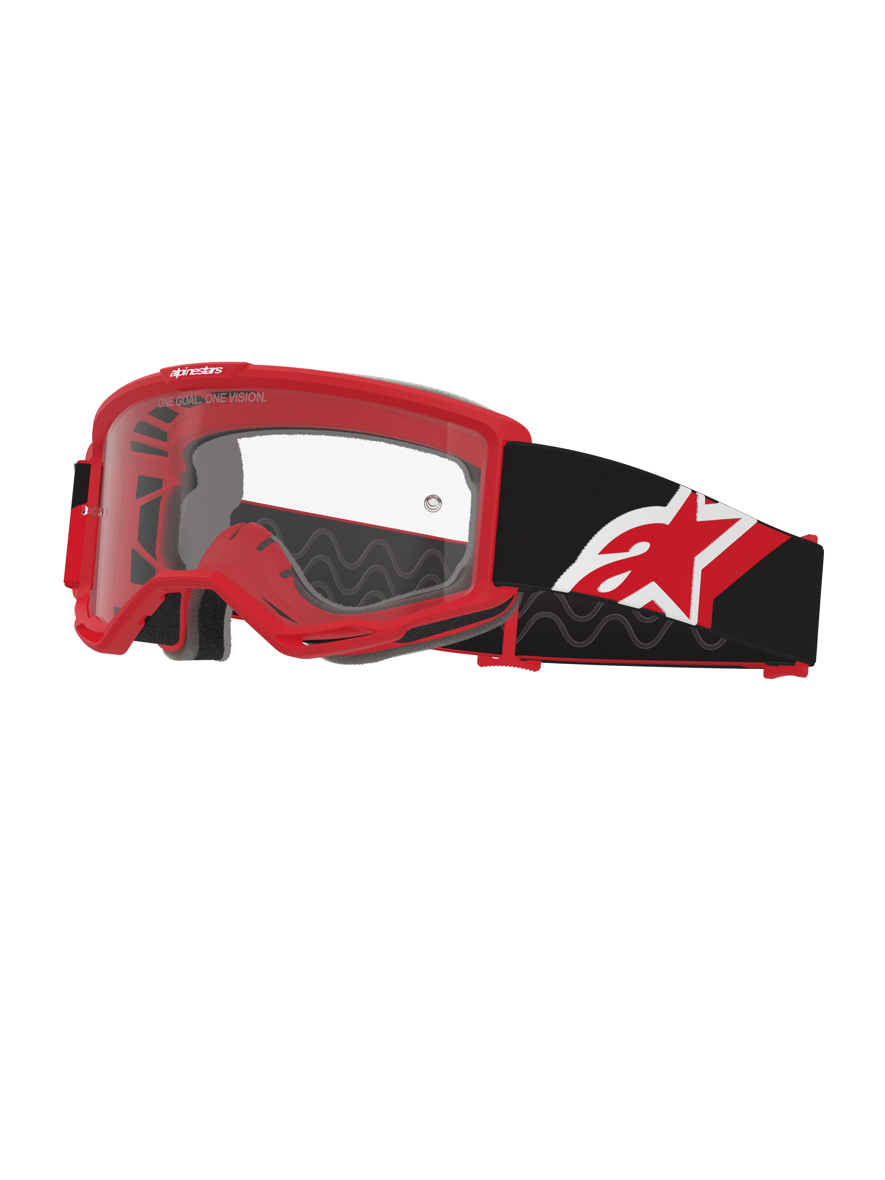 Alpinestars Vision Goggles OTG, Motocross Goggles, Red Black and White with Clear Lens, over-the-glasses design with a deep volume red frame, wide black strap with red and white star logo, high-airflow ventilation for off-road racing