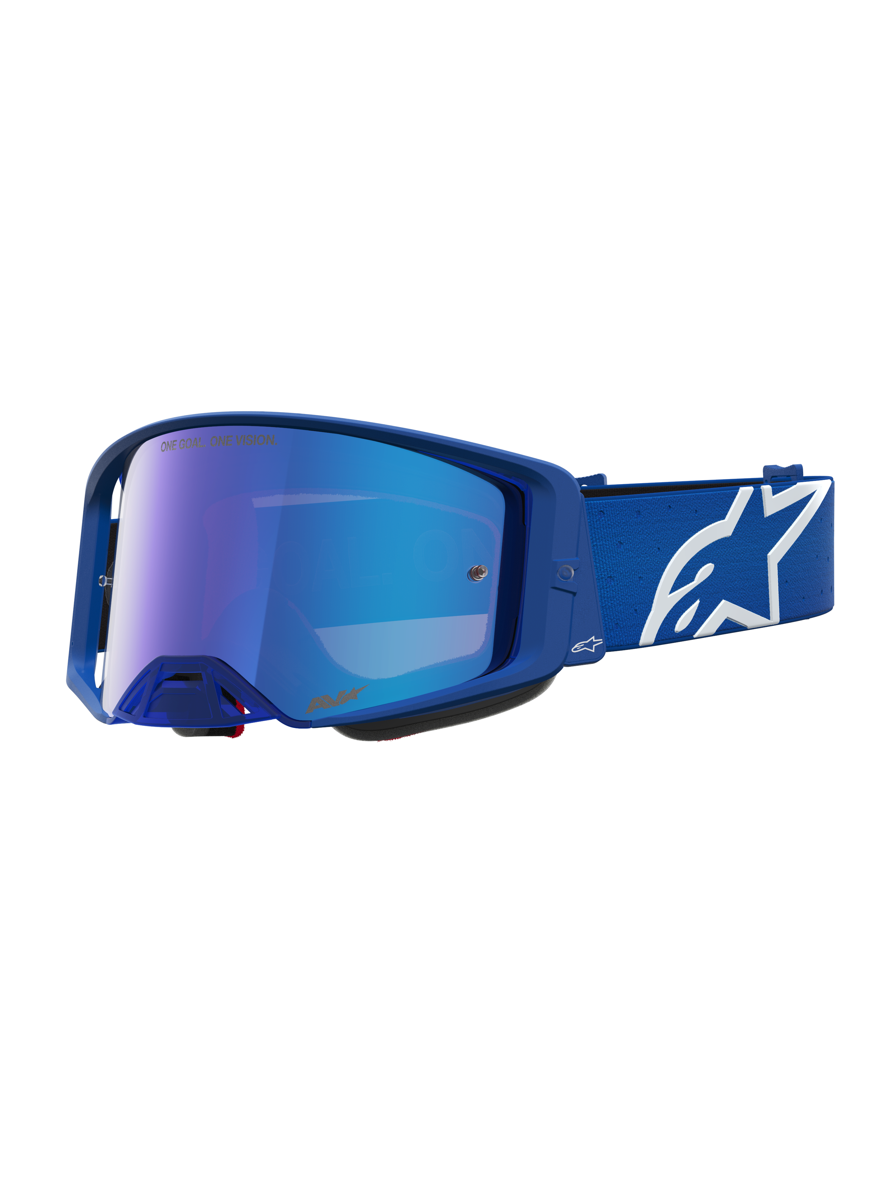 Alpinestars Supertech Vesta Motocross Goggles in Blithe Blue and White featuring a Mirror Blue lens and adjustable star strap.