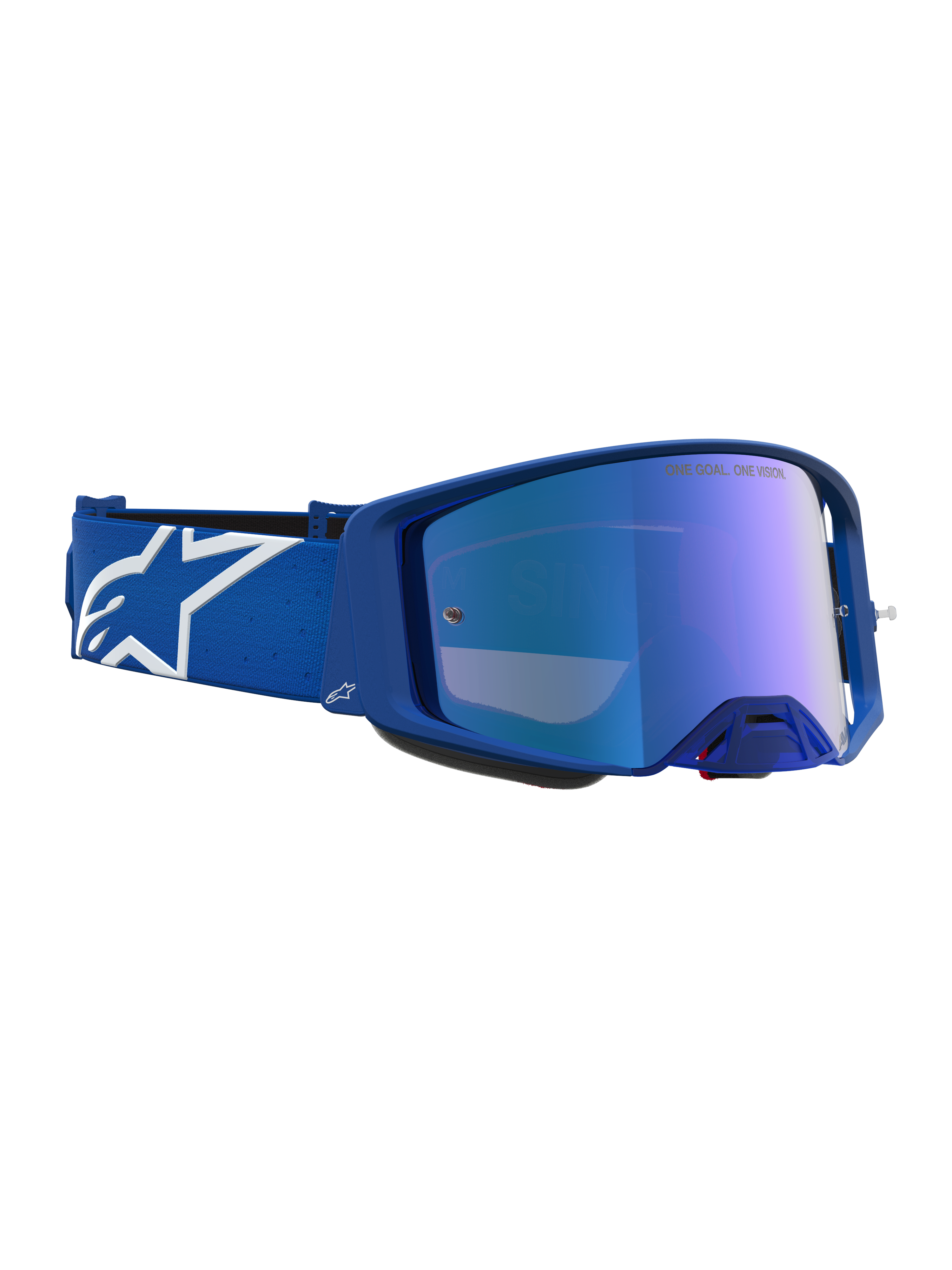 Alpinestars Supertech Vesta Goggles in blue and white, featuring a mirror blue lens for motocross racing.