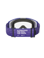 Alpinestars Vision 8 Corp Goggles, Motocross Goggles, Purple Clear, back view showing purple strap with 'ALPINESTARS ONE GOAL. ONE VISION.' branding, clear lens and black foam padding, off-road racing gear