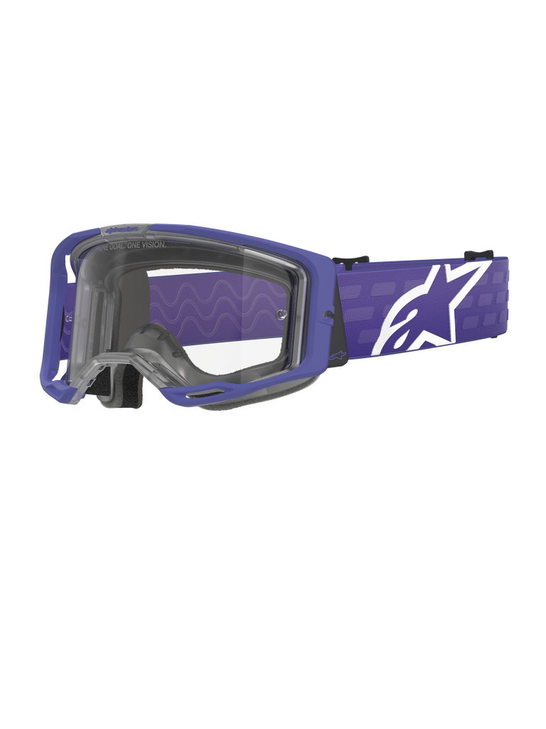 Alpinestars Vision 8 Corp Goggles, Motocross Goggles, Purple and Clear, featuring a purple A-FLEX frame and clear lens, purple strap with large white star logo, wide field of view, designed for off-road racing performance