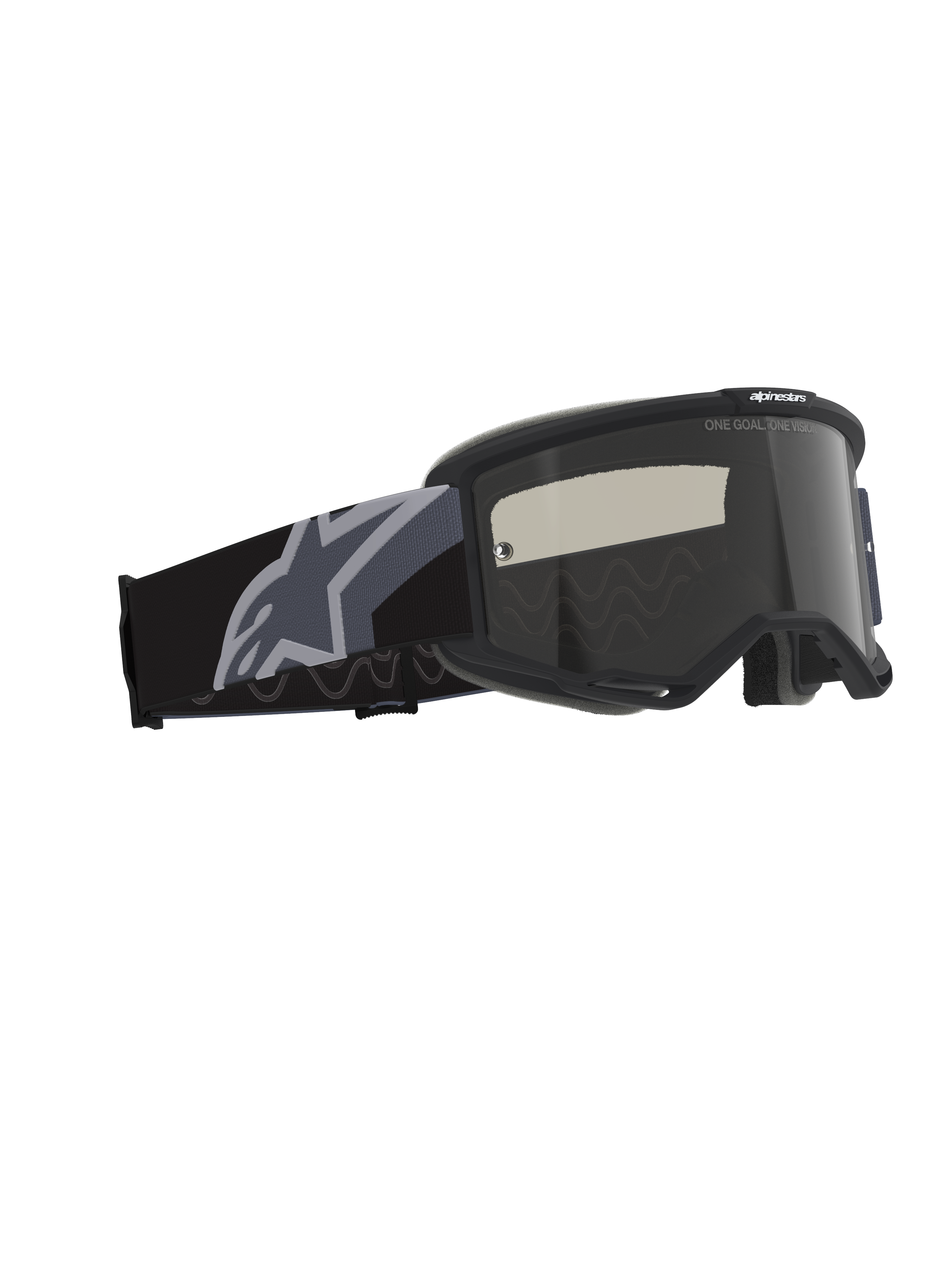 Alpinestars Vision Sand Goggles, Motocross and Off-Road Goggles, Black and Gray with Dark Smoke Lens, wide woven strap featuring a large gray star logo, matte black frame with RAM-AIR ventilation and multi-layer face foam for desert riding protection.