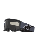 Alpinestars Vision Sand Goggles, Motocross Goggles, Black and Gray frame with Dark Smoke lens, wide blue-gray strap featuring a large black and white Alpinestars logo, protective eyewear for off-road and desert riding
